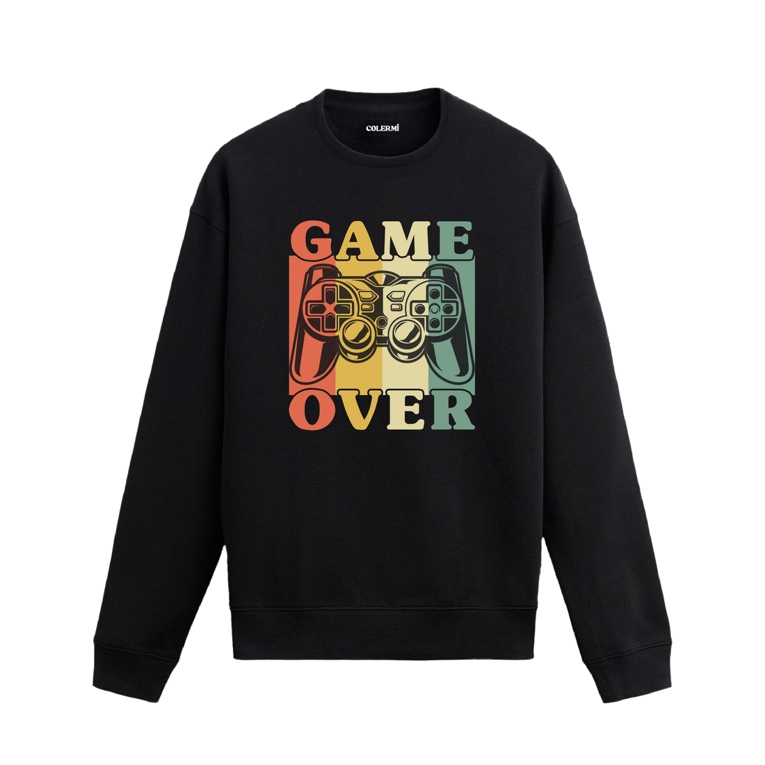 Retro oyun kumandası ve “Game Over” yazılı sweatshirt.