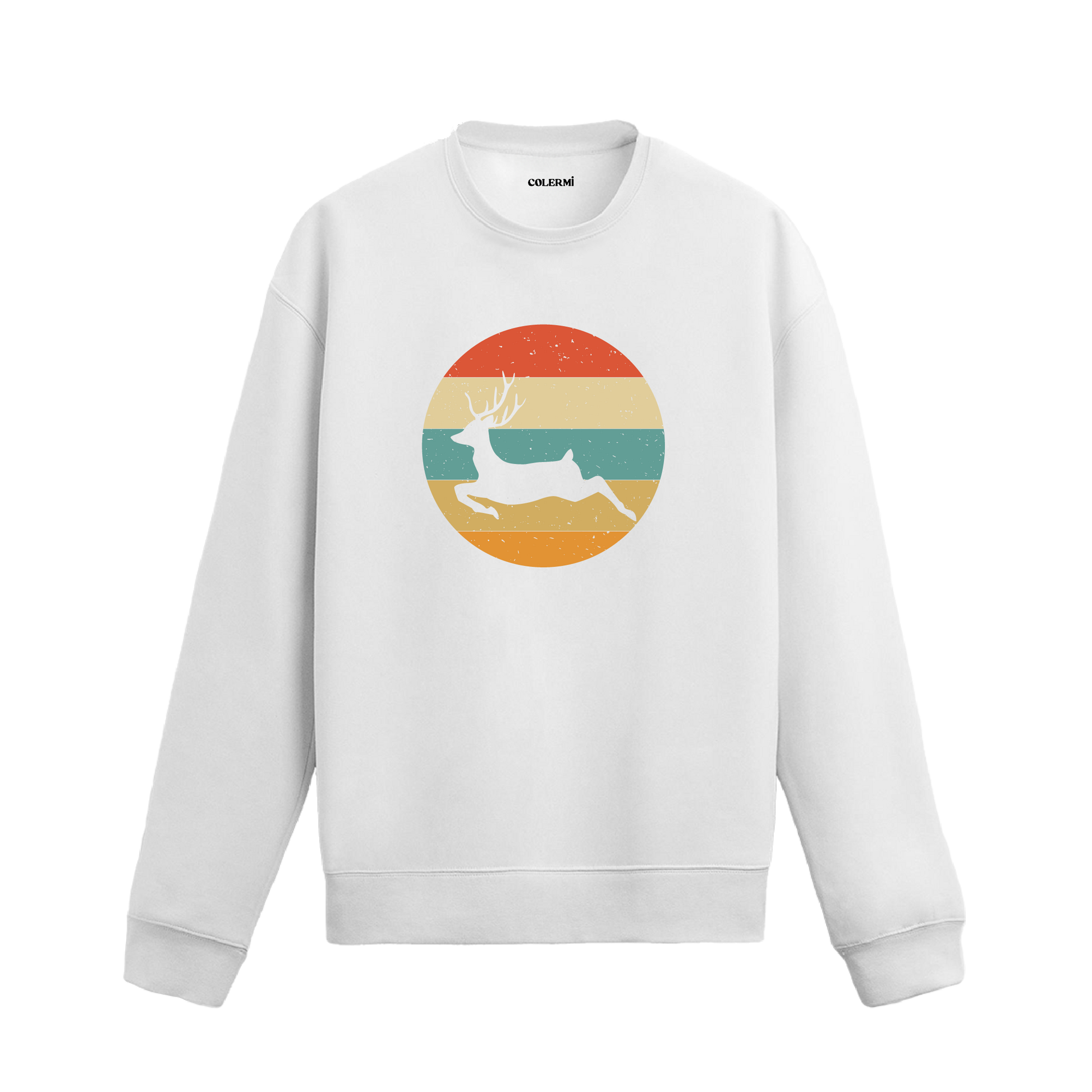Siyah sweatshirt üzerinde retro yuvarlak fon içinde koşan geyik baskısı