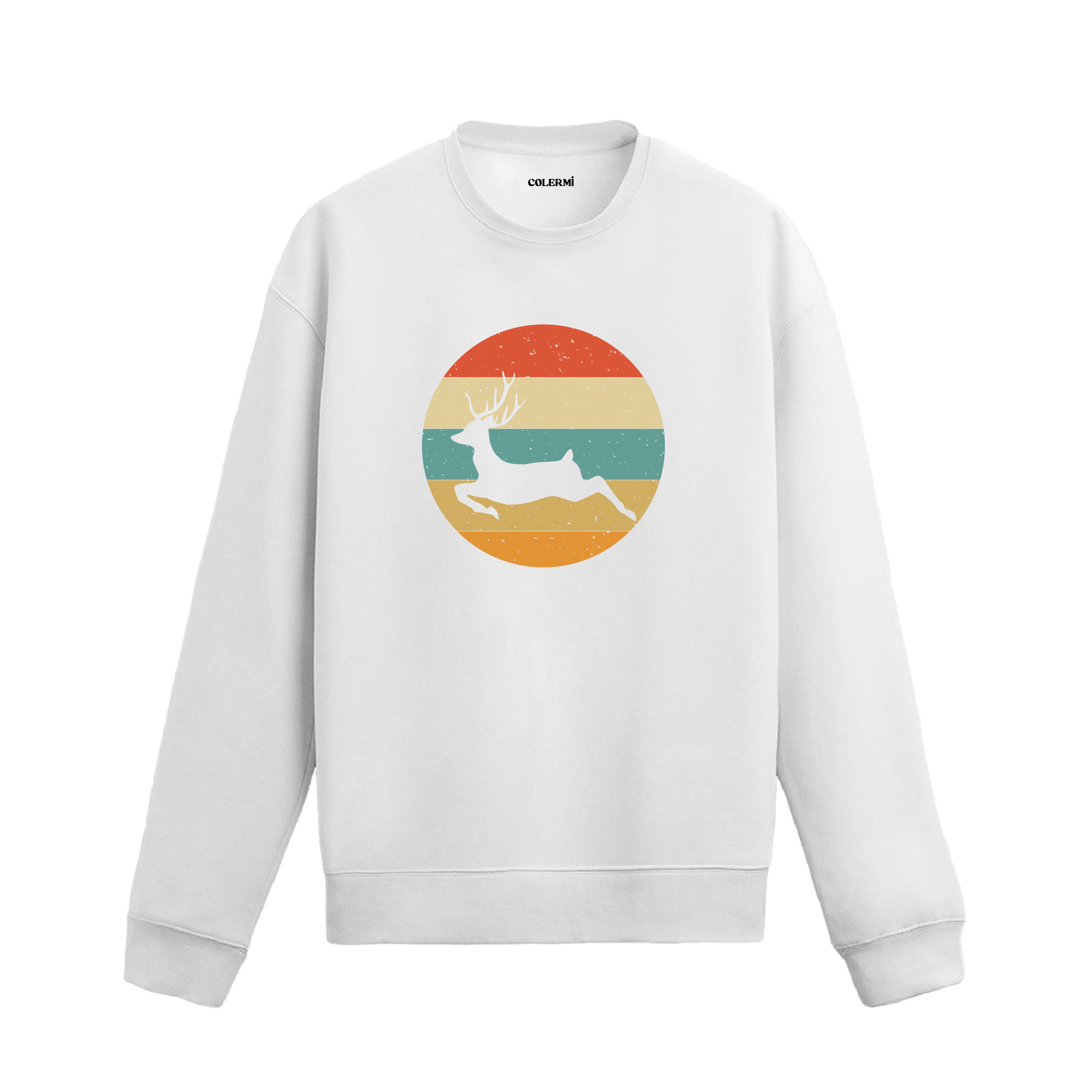 Siyah sweatshirt üzerinde retro yuvarlak fon içinde koşan geyik baskısı