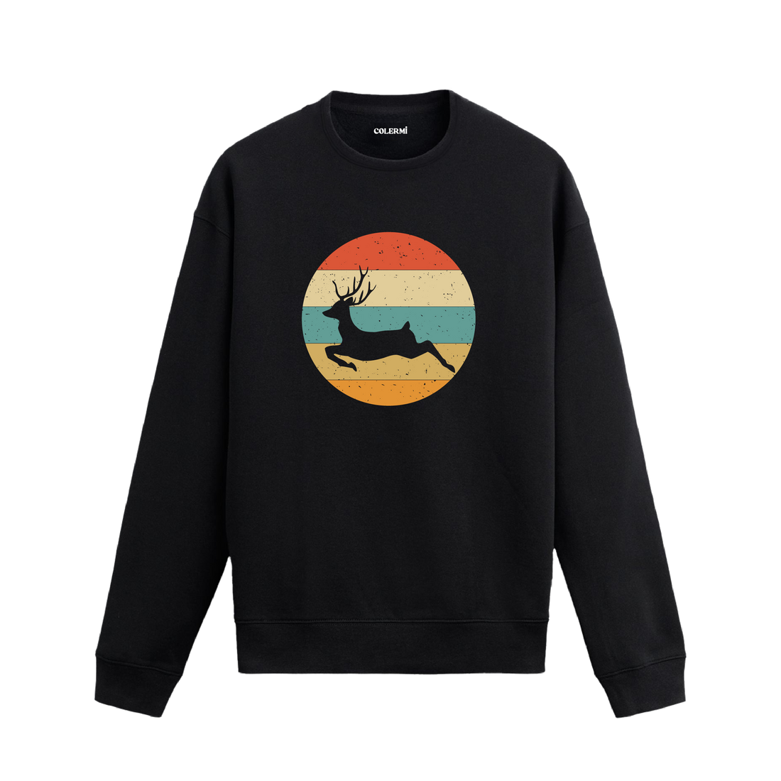 Siyah sweatshirt üzerinde retro yuvarlak fon içinde koşan geyik baskısı