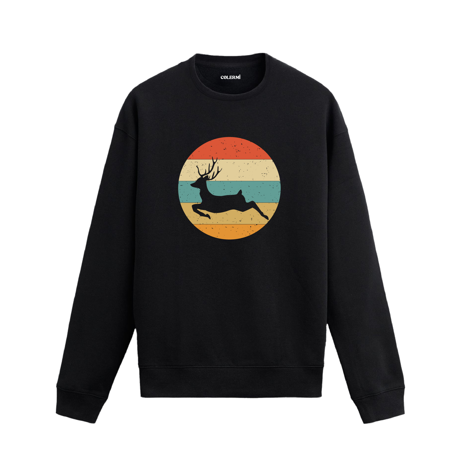 Siyah sweatshirt üzerinde retro yuvarlak fon içinde koşan geyik baskısı