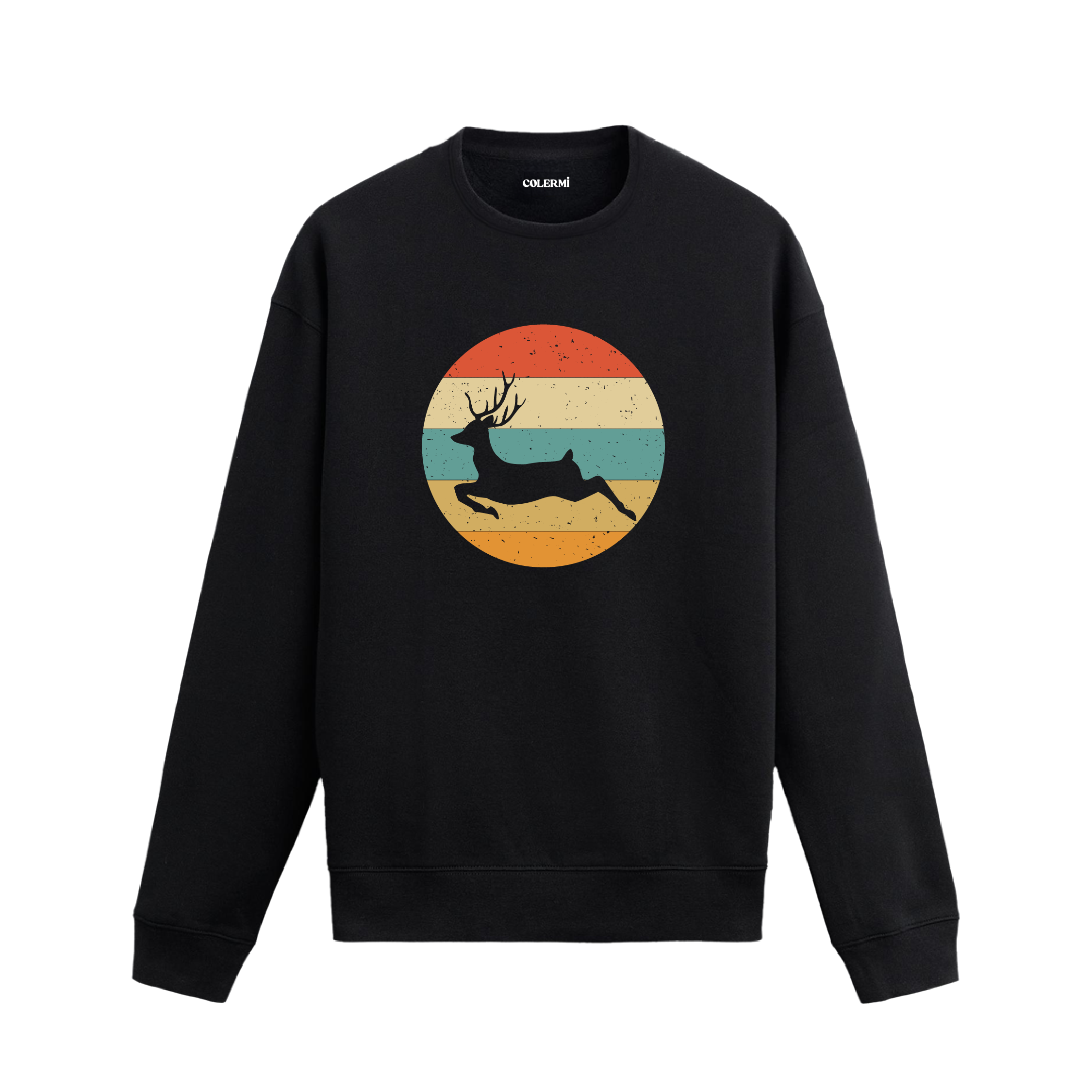 Siyah sweatshirt üzerinde retro yuvarlak fon içinde koşan geyik baskısı