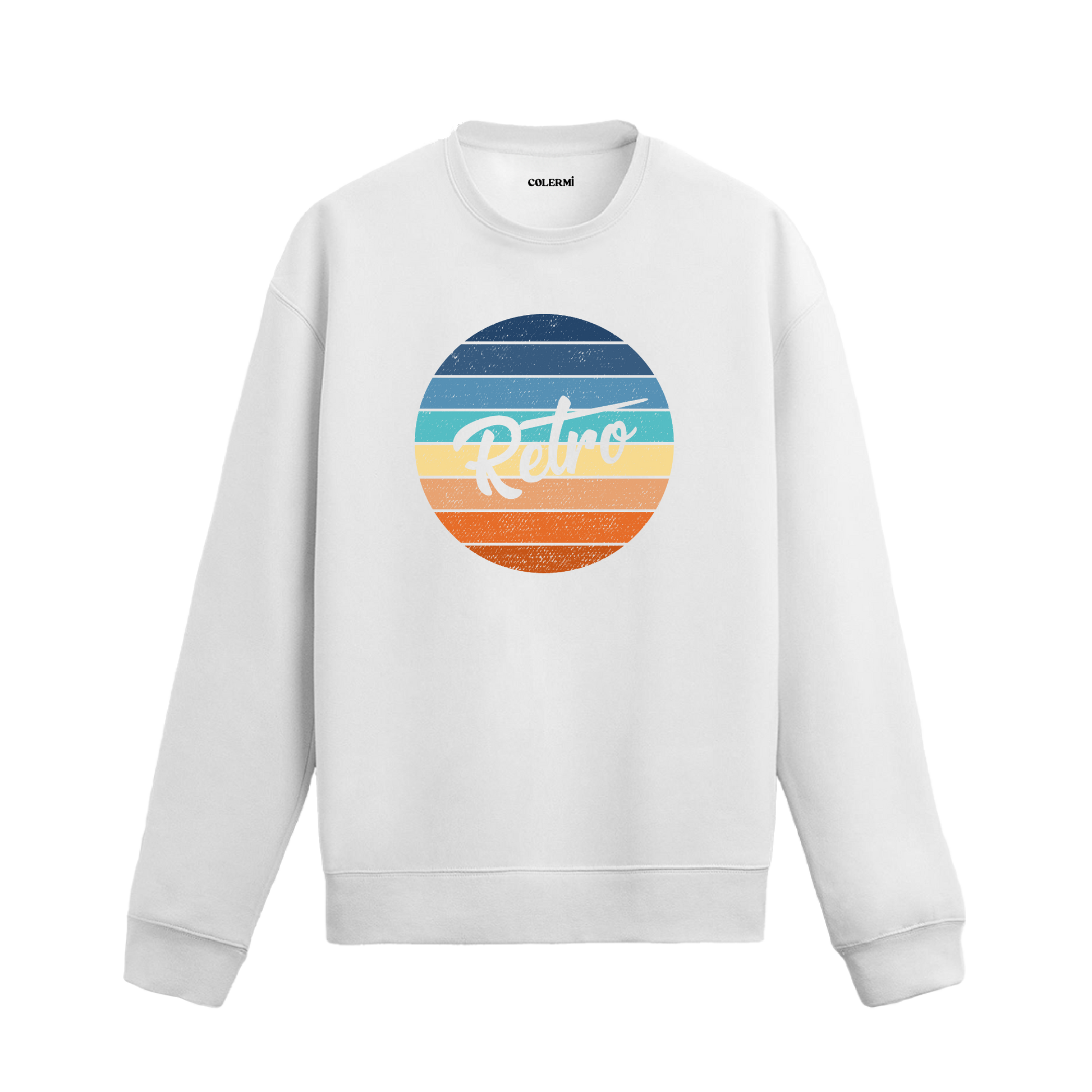 Gün batımı renklerinde retro yazılı baskılı sweatshirt.