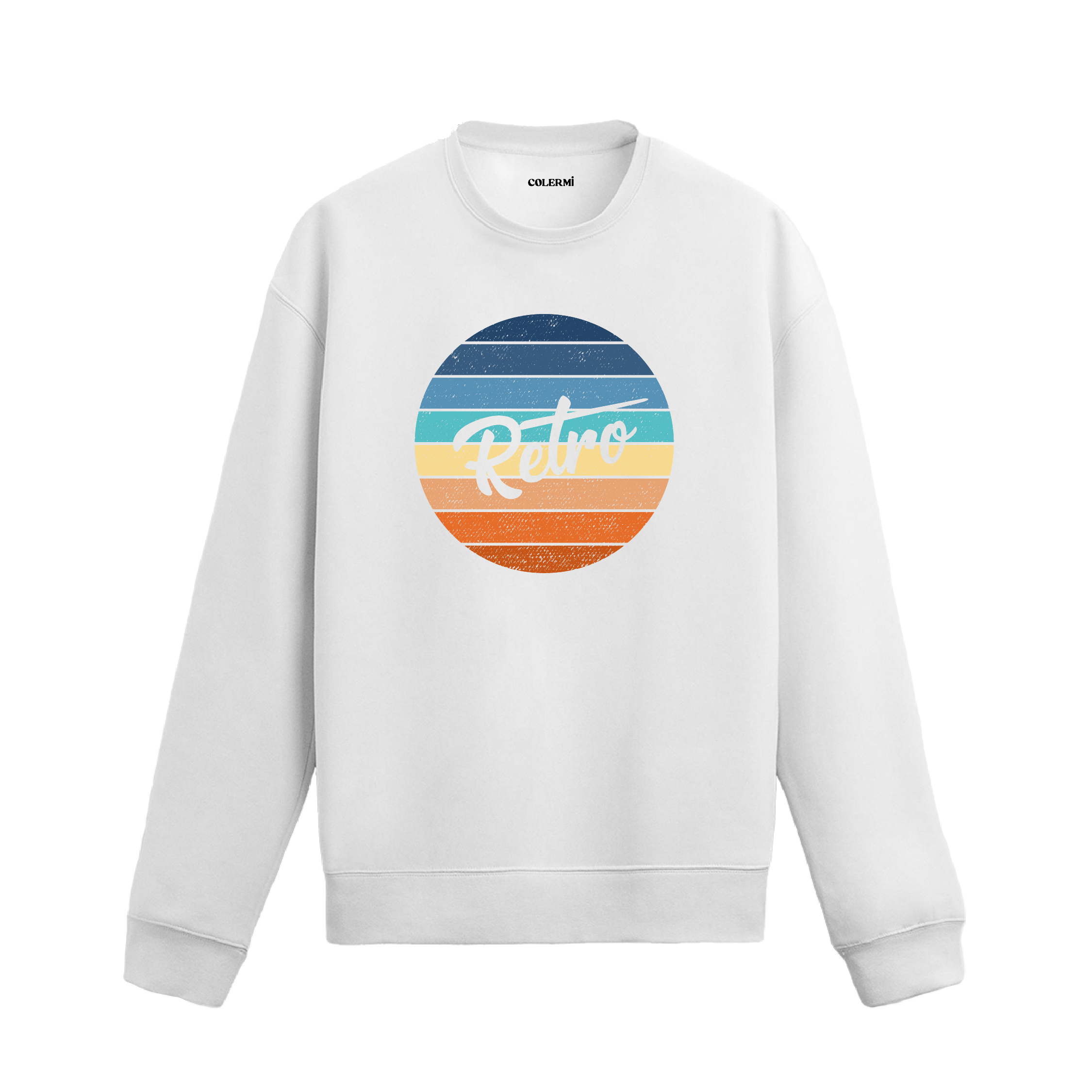 Gün batımı renklerinde retro yazılı baskılı sweatshirt.