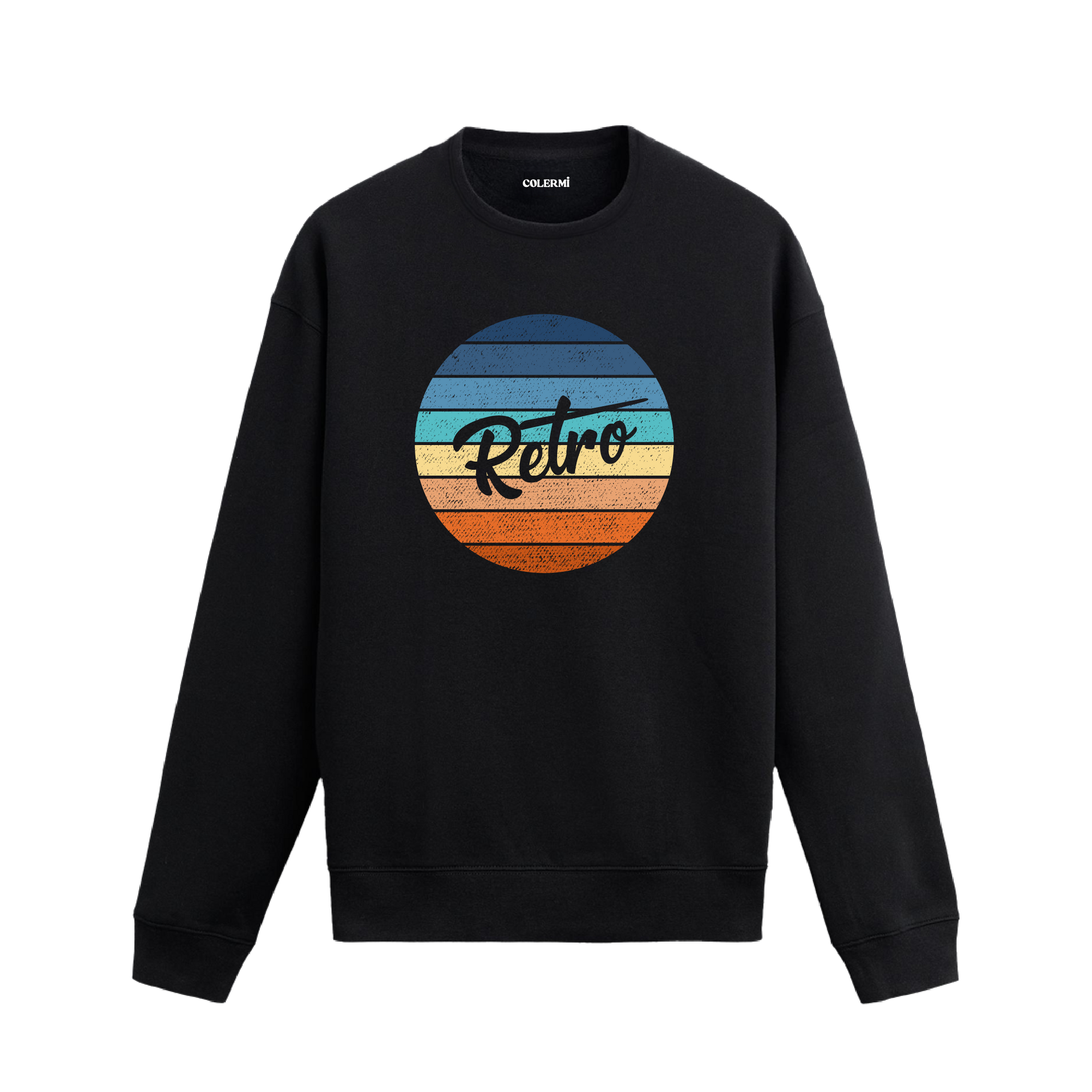 Gün batımı renklerinde retro yazılı baskılı sweatshirt.