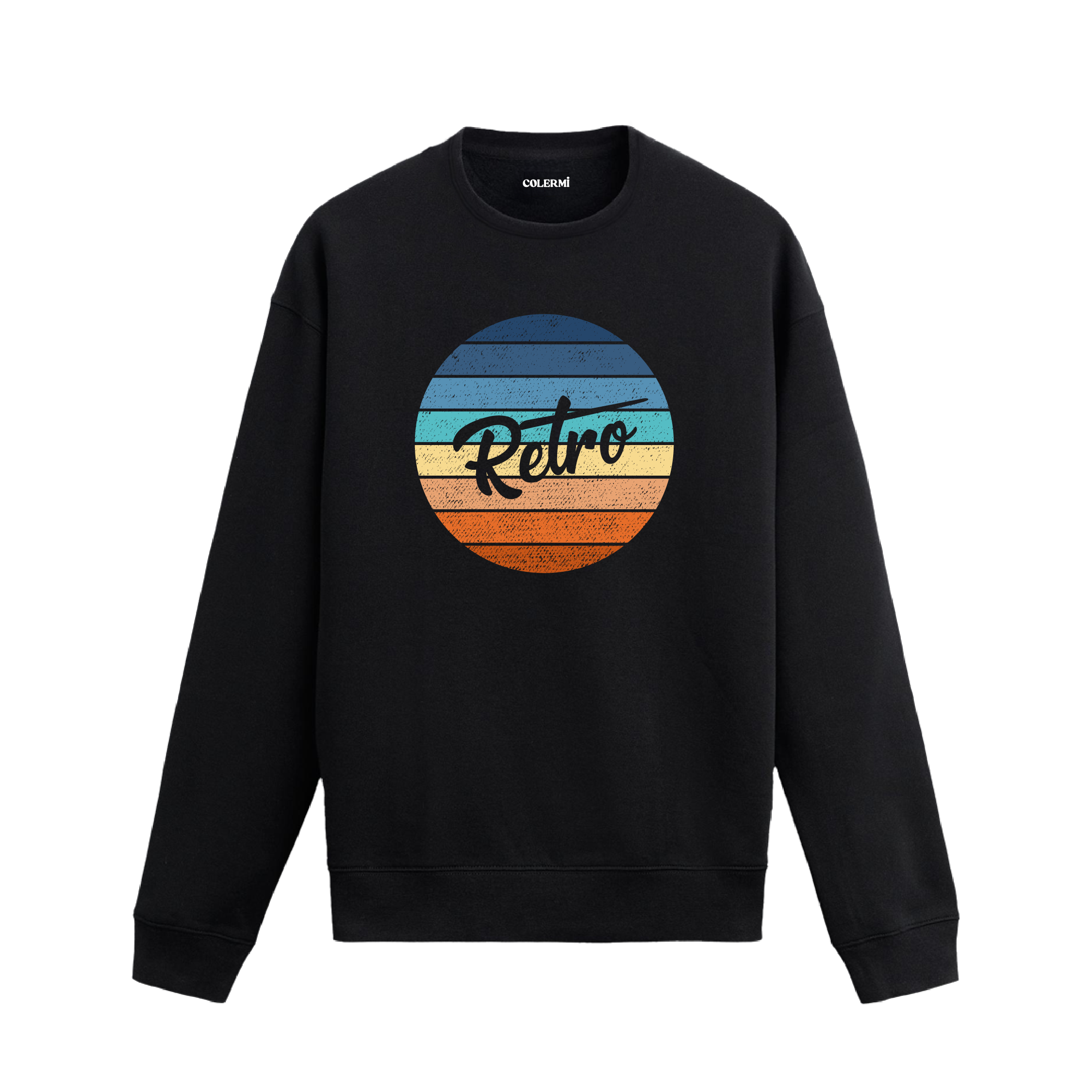 Gün batımı renklerinde retro yazılı baskılı sweatshirt.