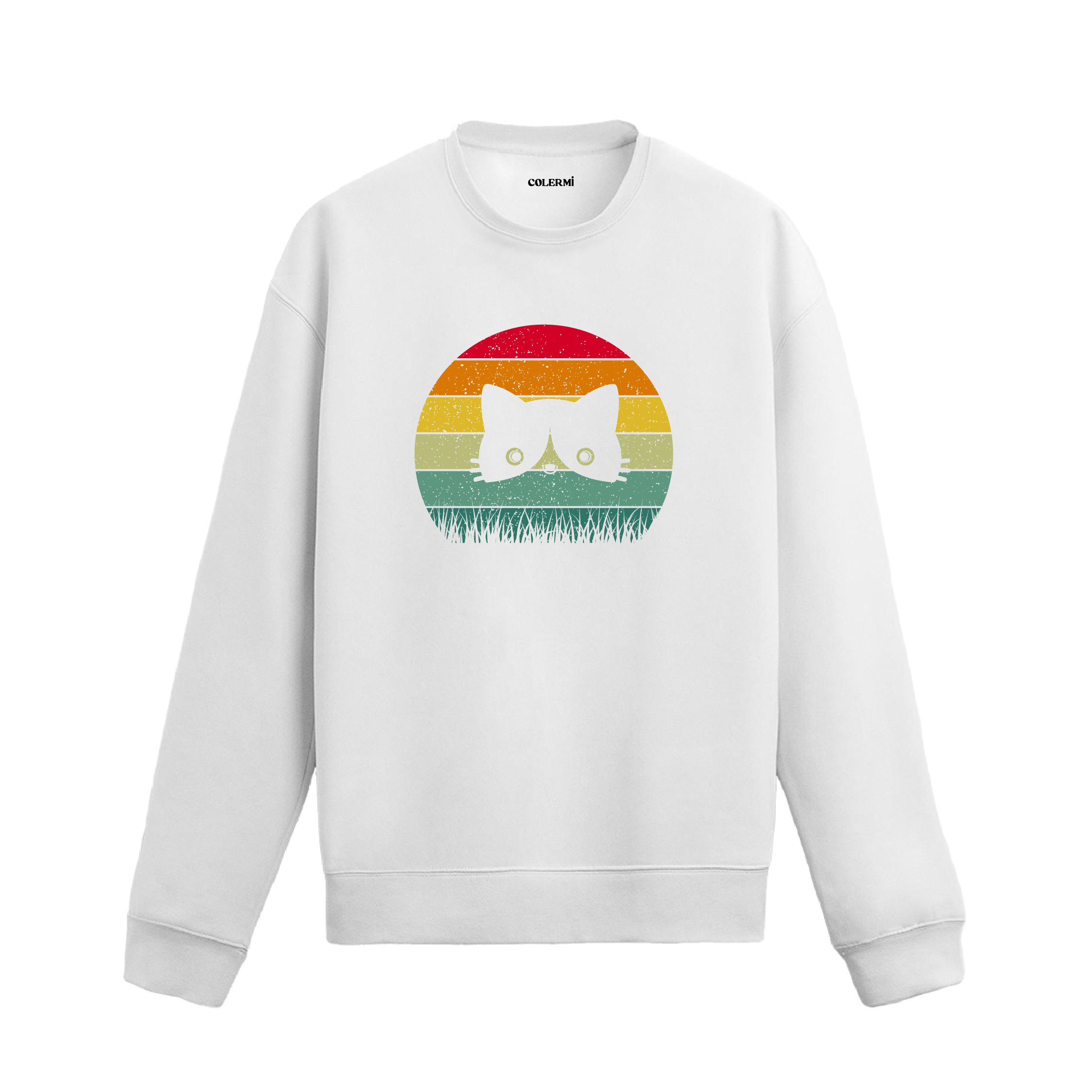 Siyah sweatshirt üzerinde retro gün batımı renklerinde çimenlerin arasından bakan kedi baskısı