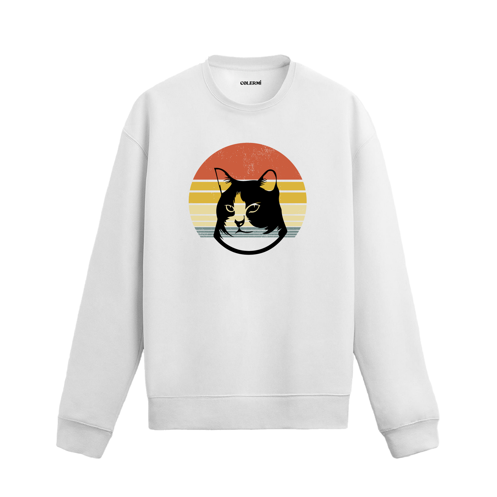 Retro gün batımı desenli kedi baskılı siyah sweatshirt.