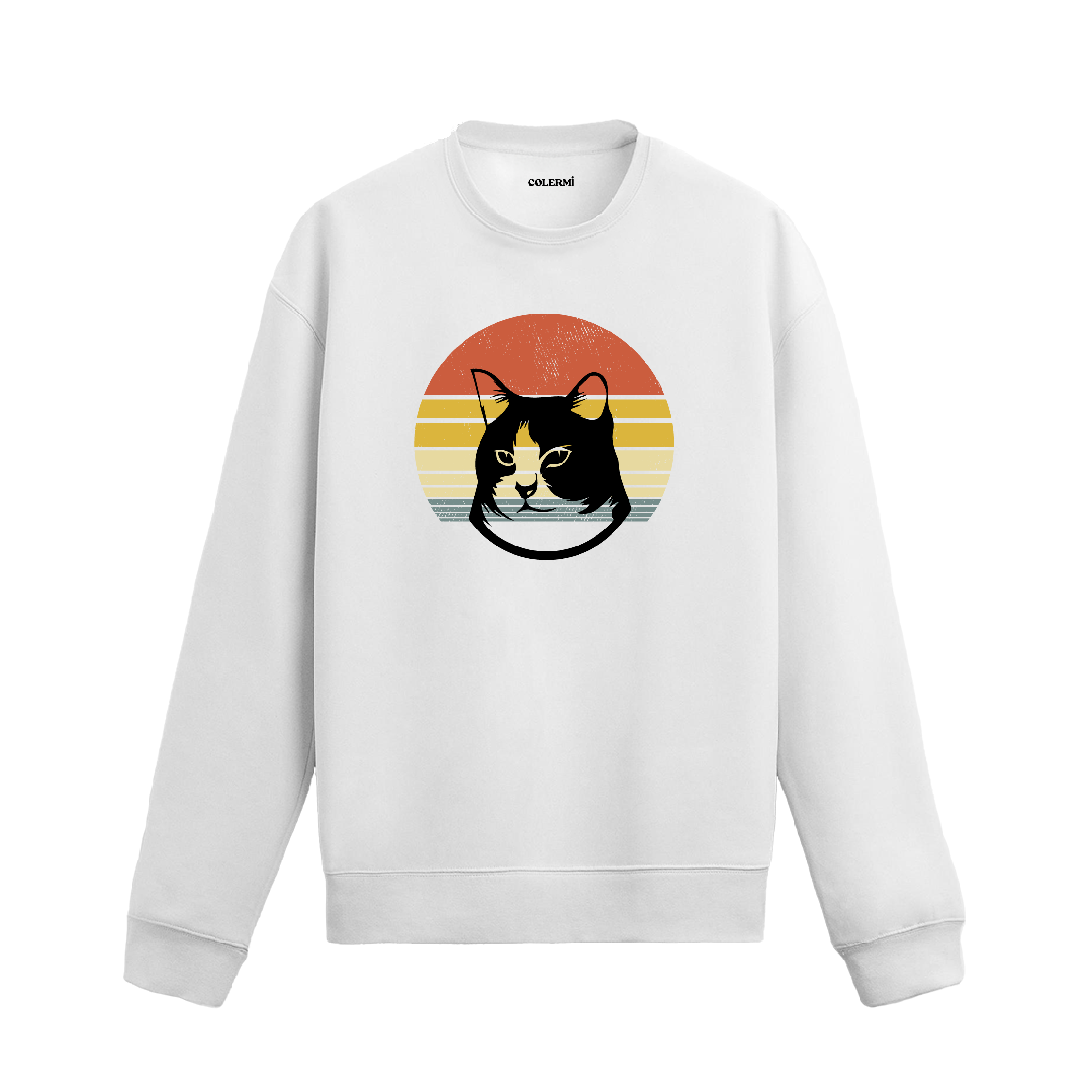 Retro gün batımı desenli kedi baskılı siyah sweatshirt.