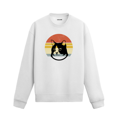 Retro gün batımı desenli kedi baskılı siyah sweatshirt.