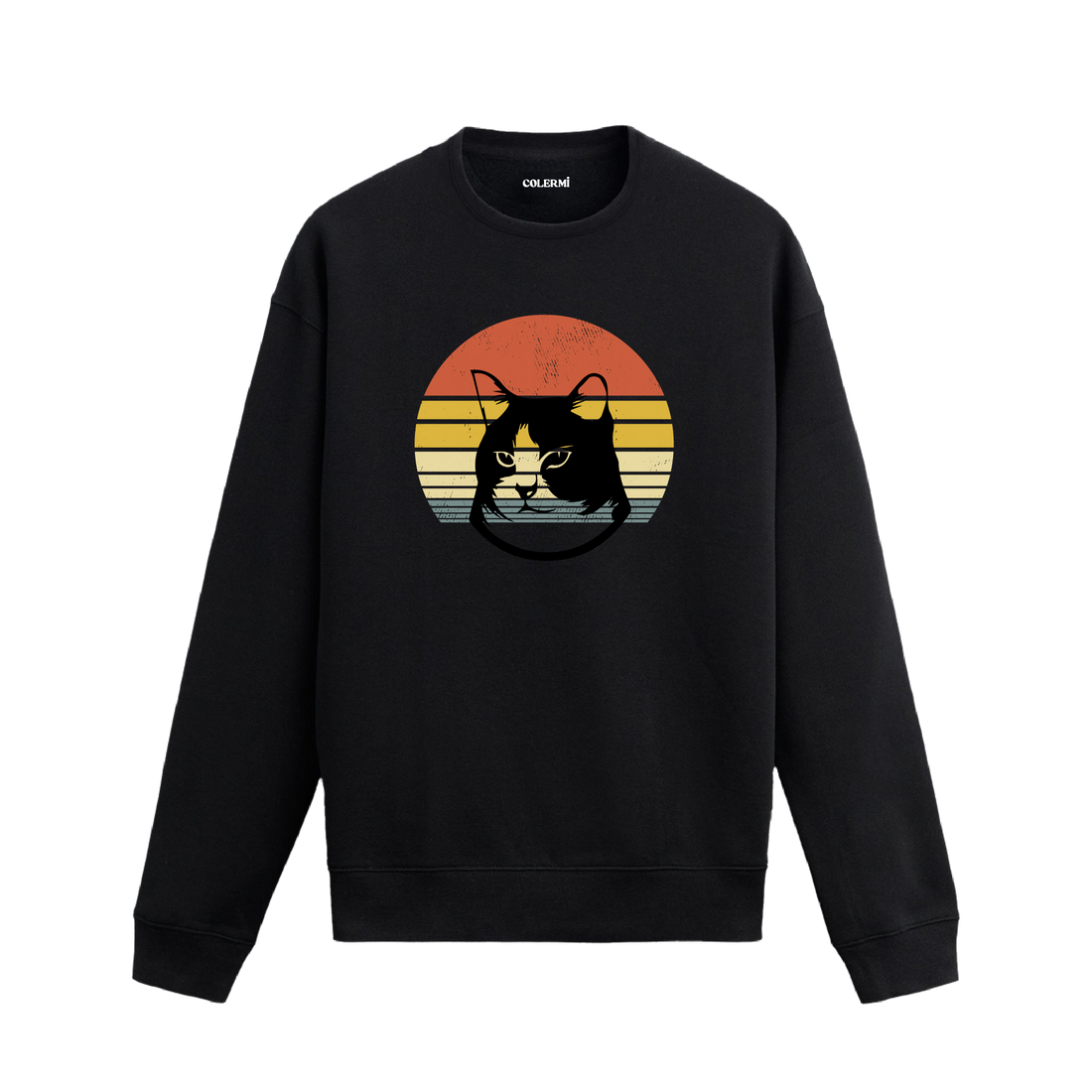 Retro gün batımı desenli kedi baskılı siyah sweatshirt.