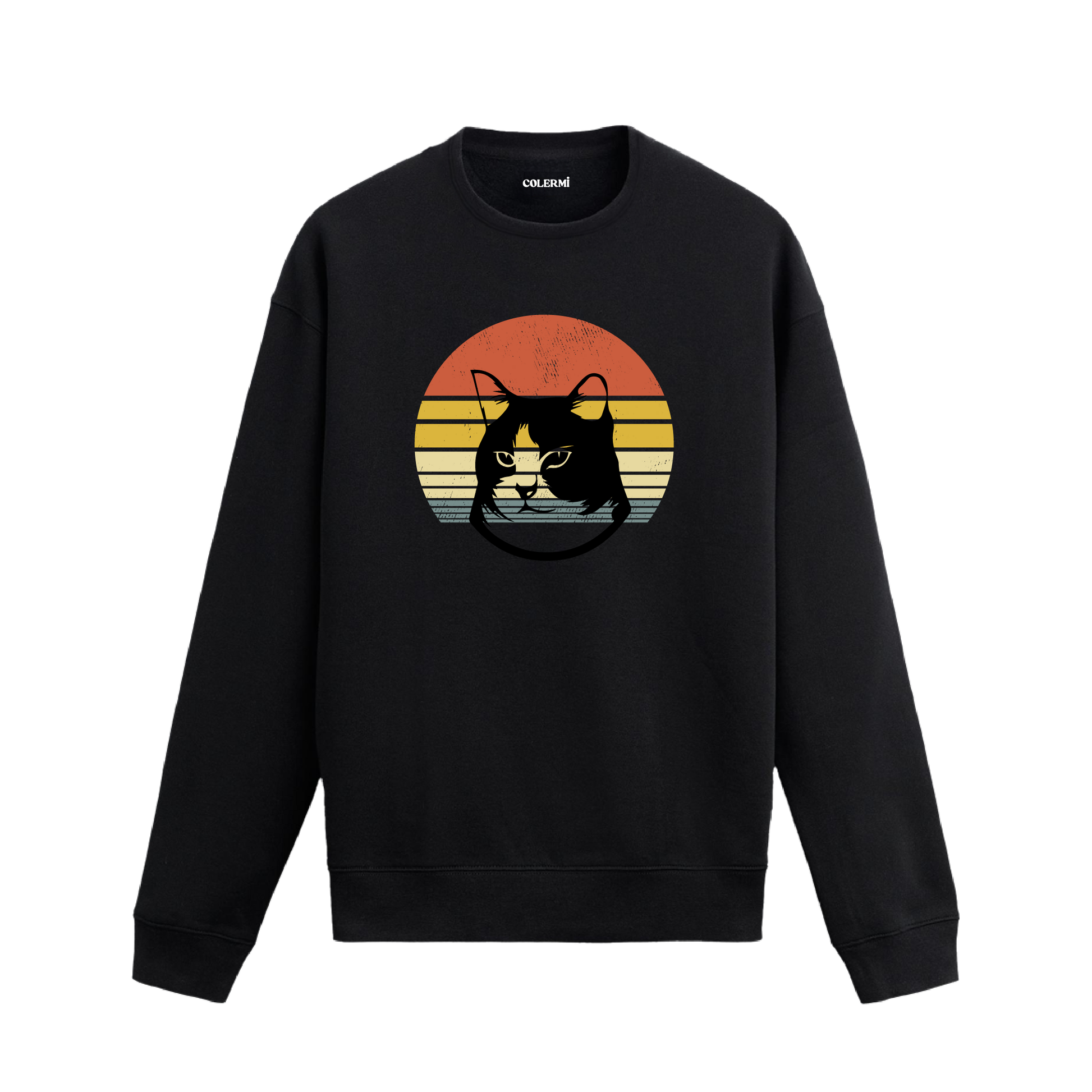 Retro gün batımı desenli kedi baskılı siyah sweatshirt.