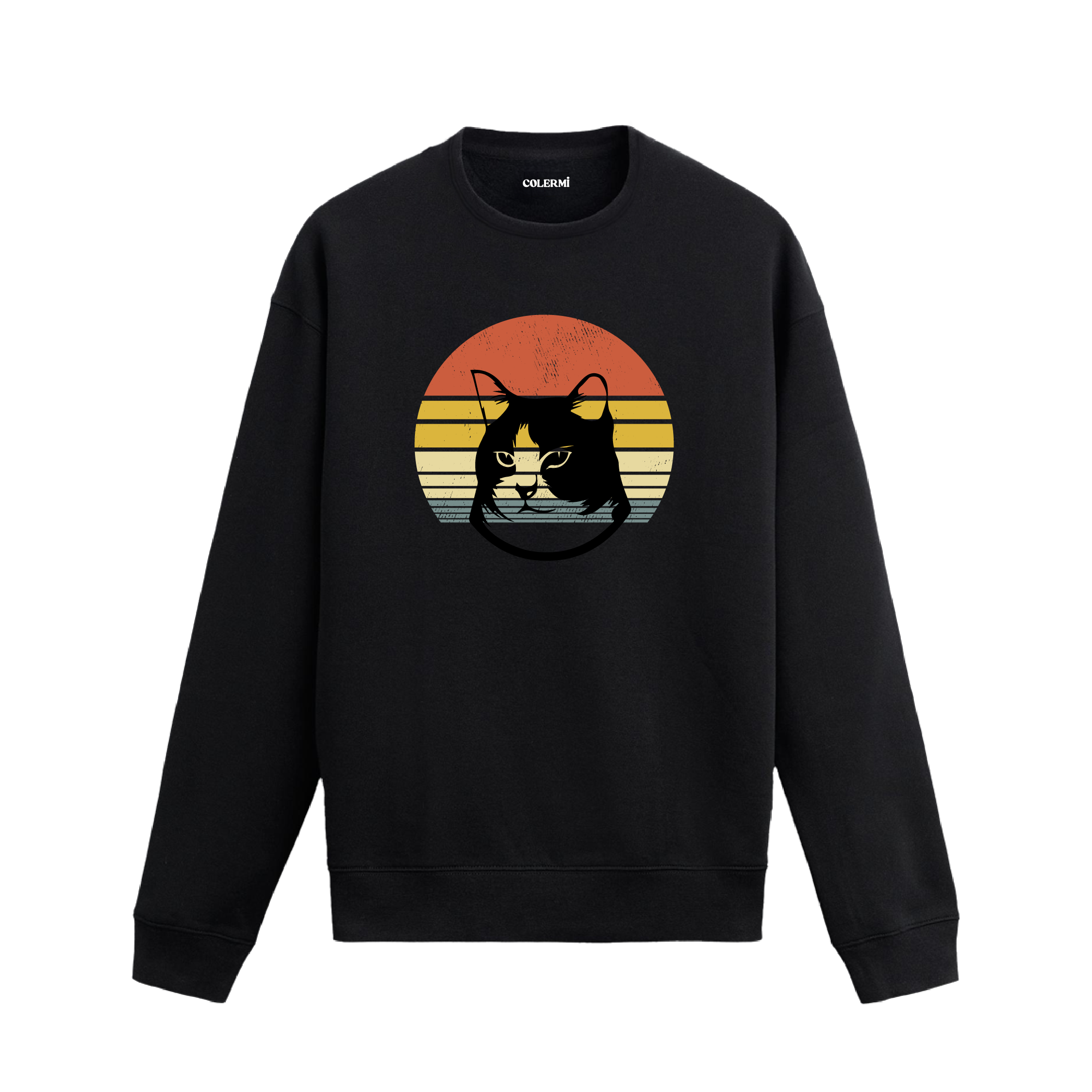 Retro gün batımı desenli kedi baskılı siyah sweatshirt.