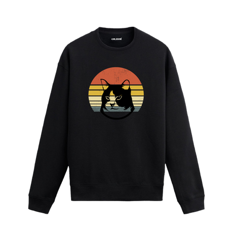 Retro gün batımı desenli kedi baskılı siyah sweatshirt.