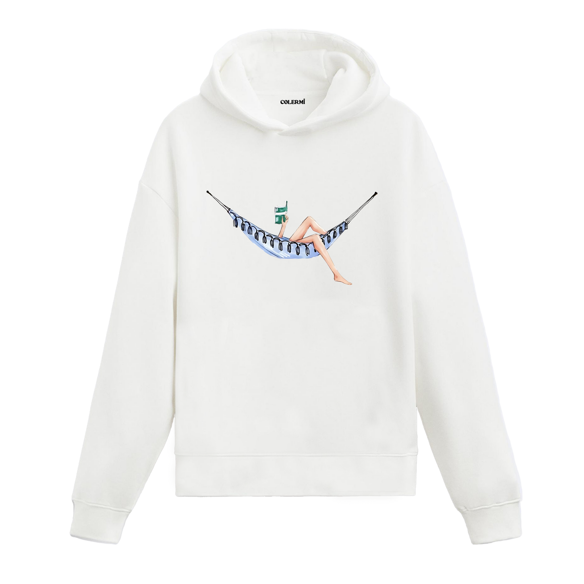 Hamakta uzanan figür baskısına sahip retro anlatımlı beyaz hoodie tasarımı