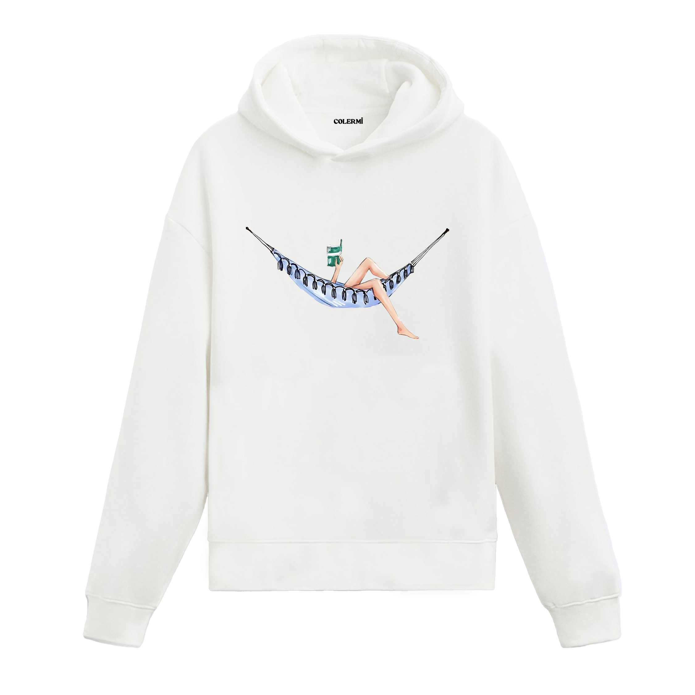 Hamakta uzanan figür baskısına sahip retro anlatımlı beyaz hoodie tasarımı