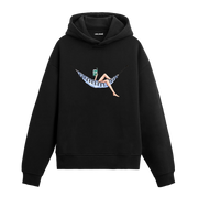 Hamakta uzanan figür baskısına sahip retro anlatımlı siyah hoodie tasarımı