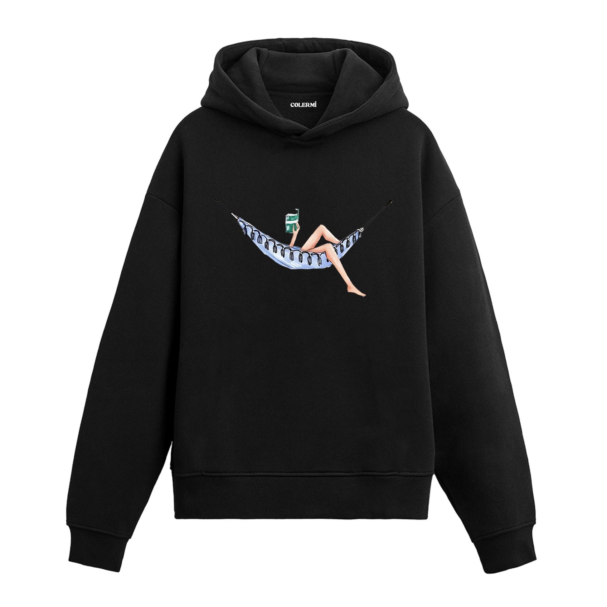 Hamakta uzanan figür baskısına sahip retro anlatımlı siyah hoodie tasarımı