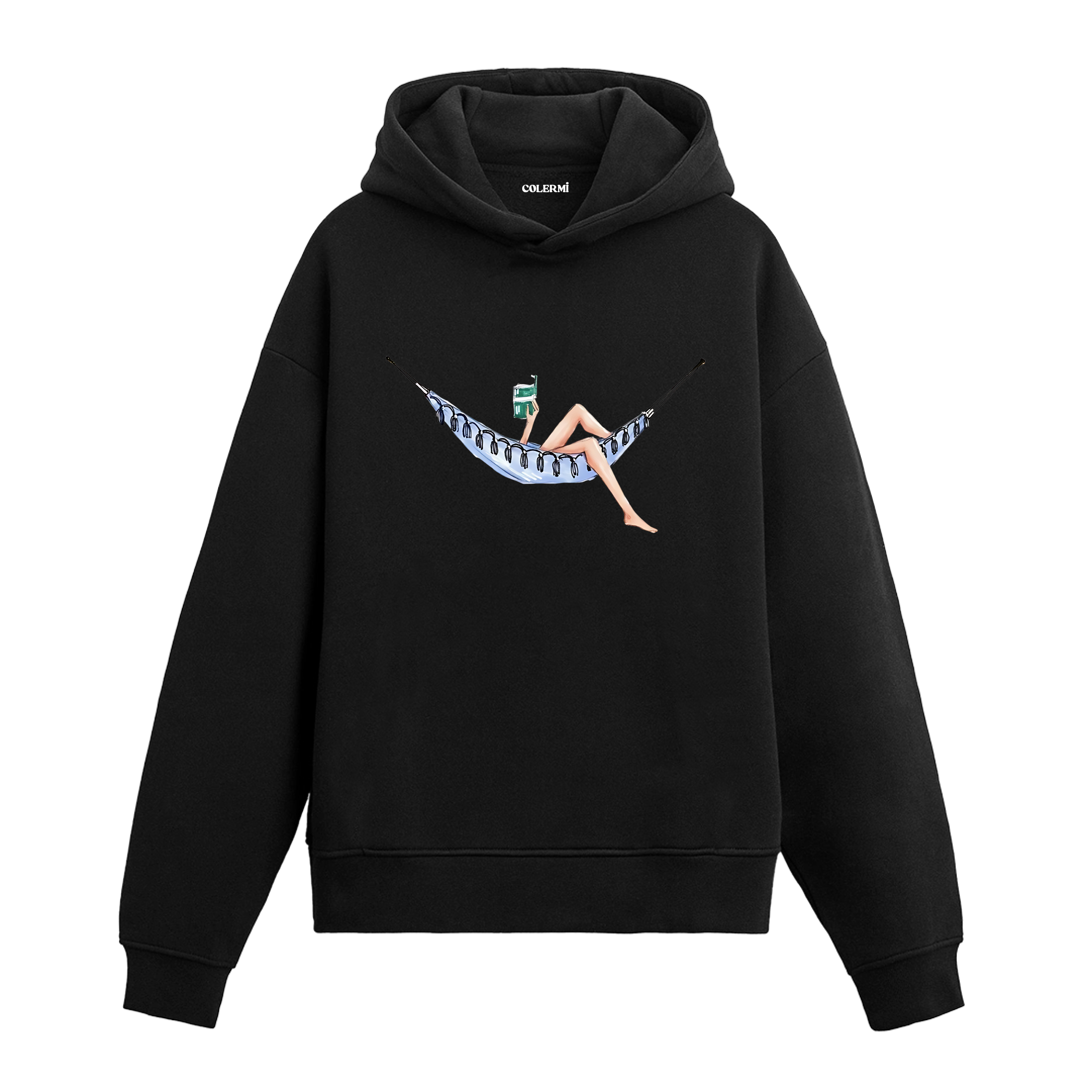 Hamakta uzanan figür baskısına sahip retro anlatımlı siyah hoodie tasarımı