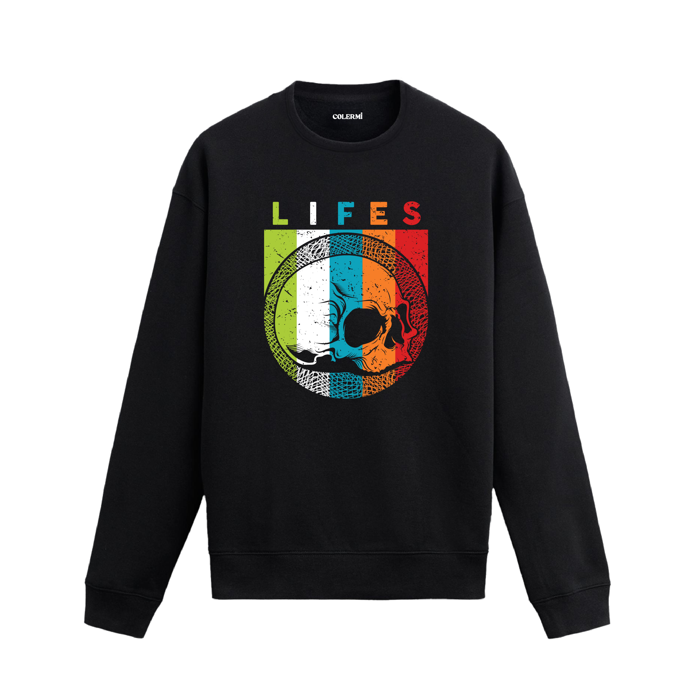 Retro hayat döngüsü baskılı, kafatası ve çember tasarımlı sweatshirt.
