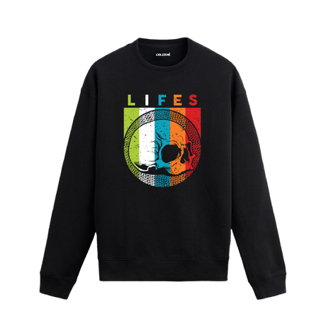 Retro hayat döngüsü baskılı, kafatası ve çember tasarımlı sweatshirt.