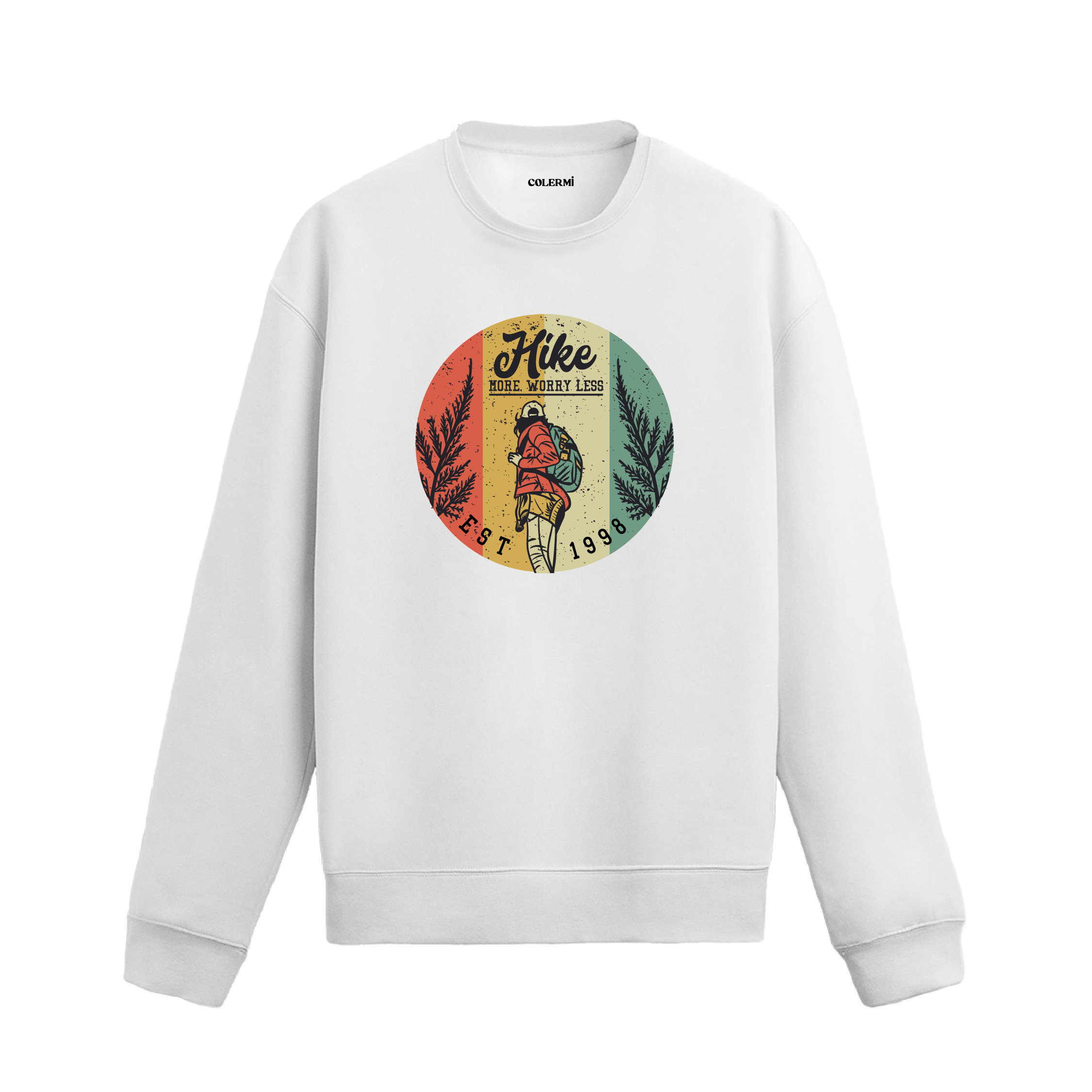 Retro doğa yürüyüşü figürü ve “Hike More Worry Less” yazılı siyah sweatshirt tasarımı.