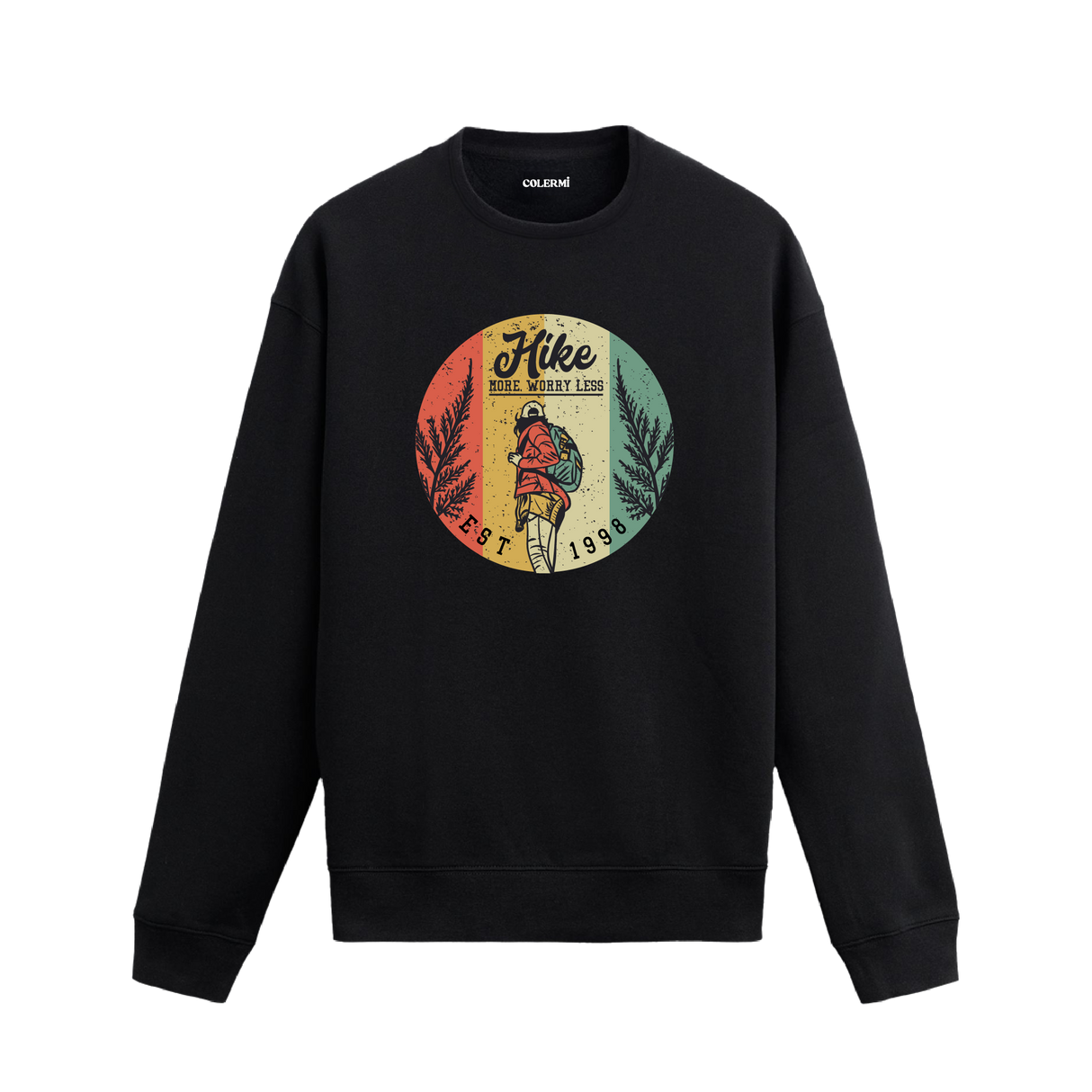 Retro doğa yürüyüşü figürü ve “Hike More Worry Less” yazılı siyah sweatshirt tasarımı.