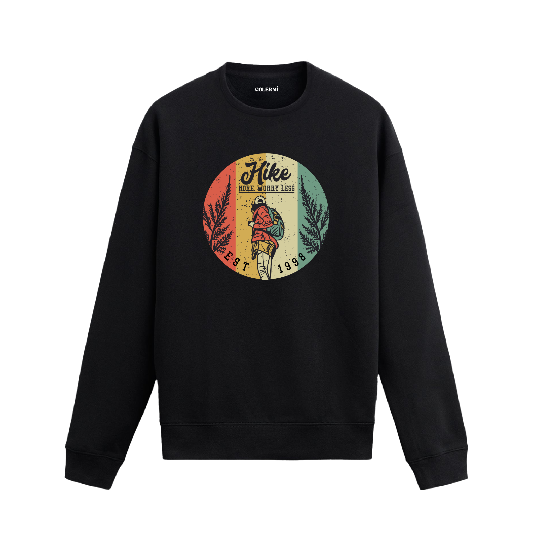 Retro doğa yürüyüşü figürü ve “Hike More Worry Less” yazılı siyah sweatshirt tasarımı.