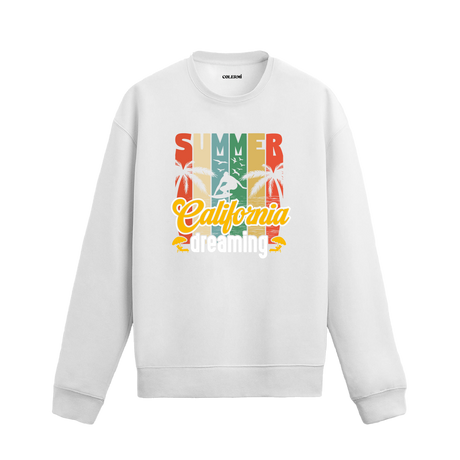 Palmiye ve sörf baskılı retro yaz temalı Kaliforniya sweatshirt.