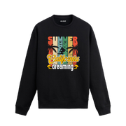 Palmiye ve sörf baskılı retro yaz temalı Kaliforniya sweatshirt.