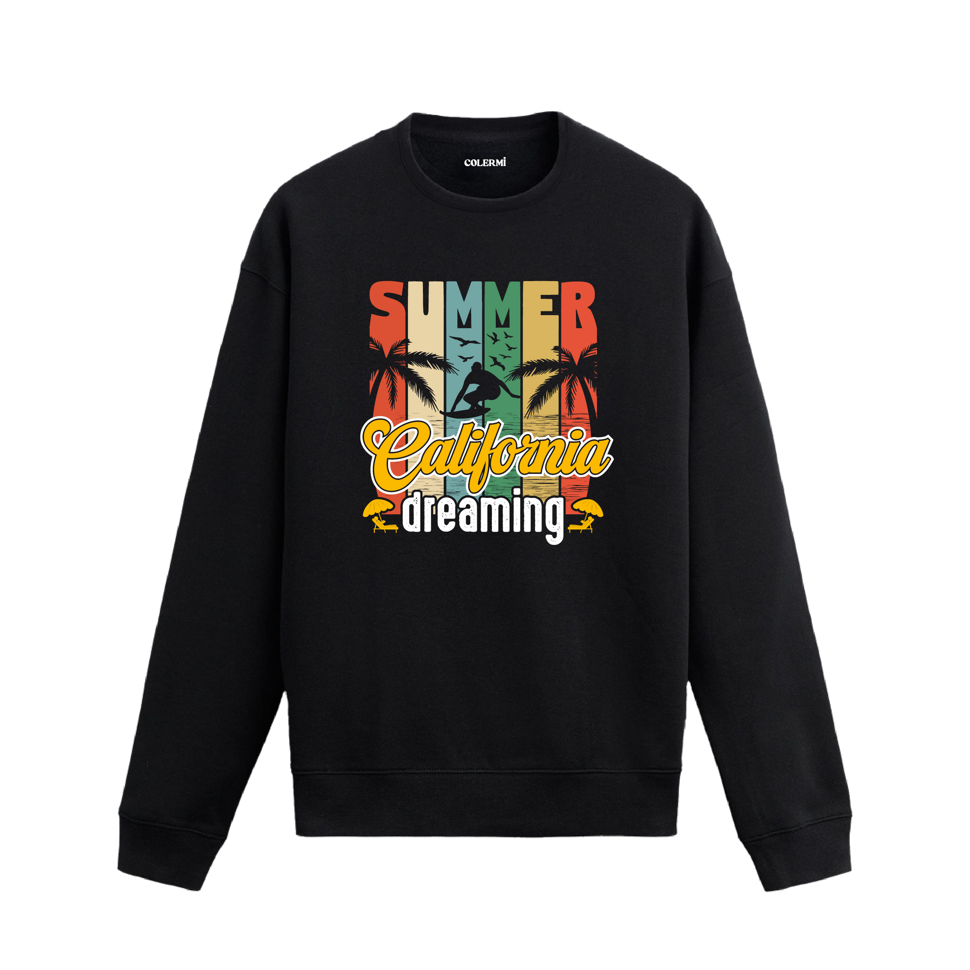Palmiye ve sörf baskılı retro yaz temalı Kaliforniya sweatshirt.