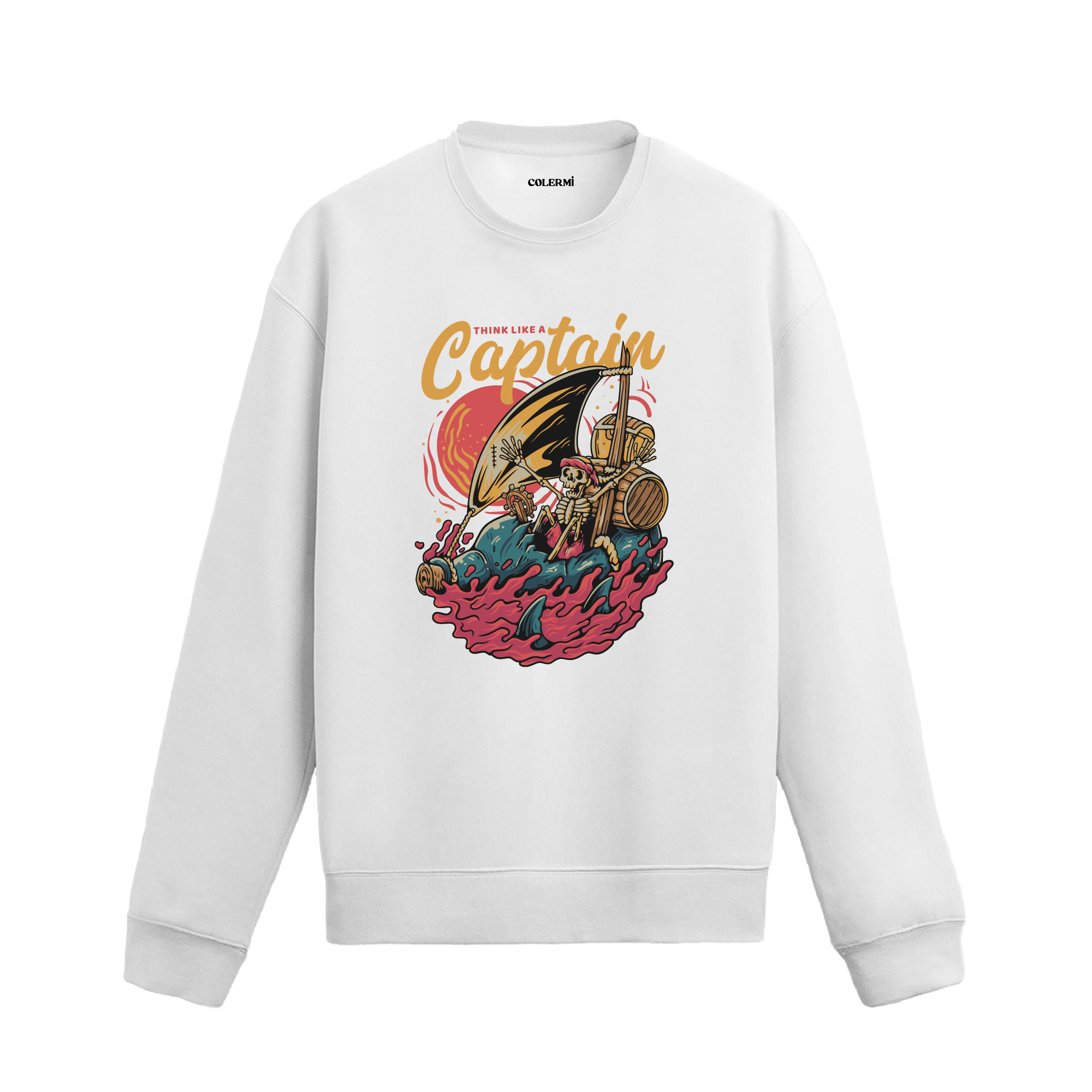 Retro korsan kaptan ve gemi baskılı sweatshirt, “Kaptan Gibi Düşün” yazılı.