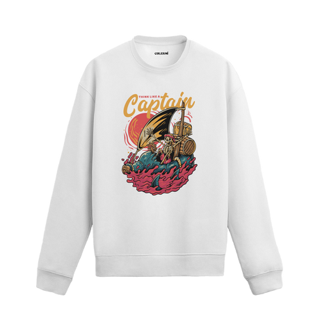 Retro korsan kaptan ve gemi baskılı sweatshirt, “Kaptan Gibi Düşün” yazılı.