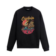 Retro korsan kaptan ve gemi baskılı sweatshirt, “Kaptan Gibi Düşün” yazılı.