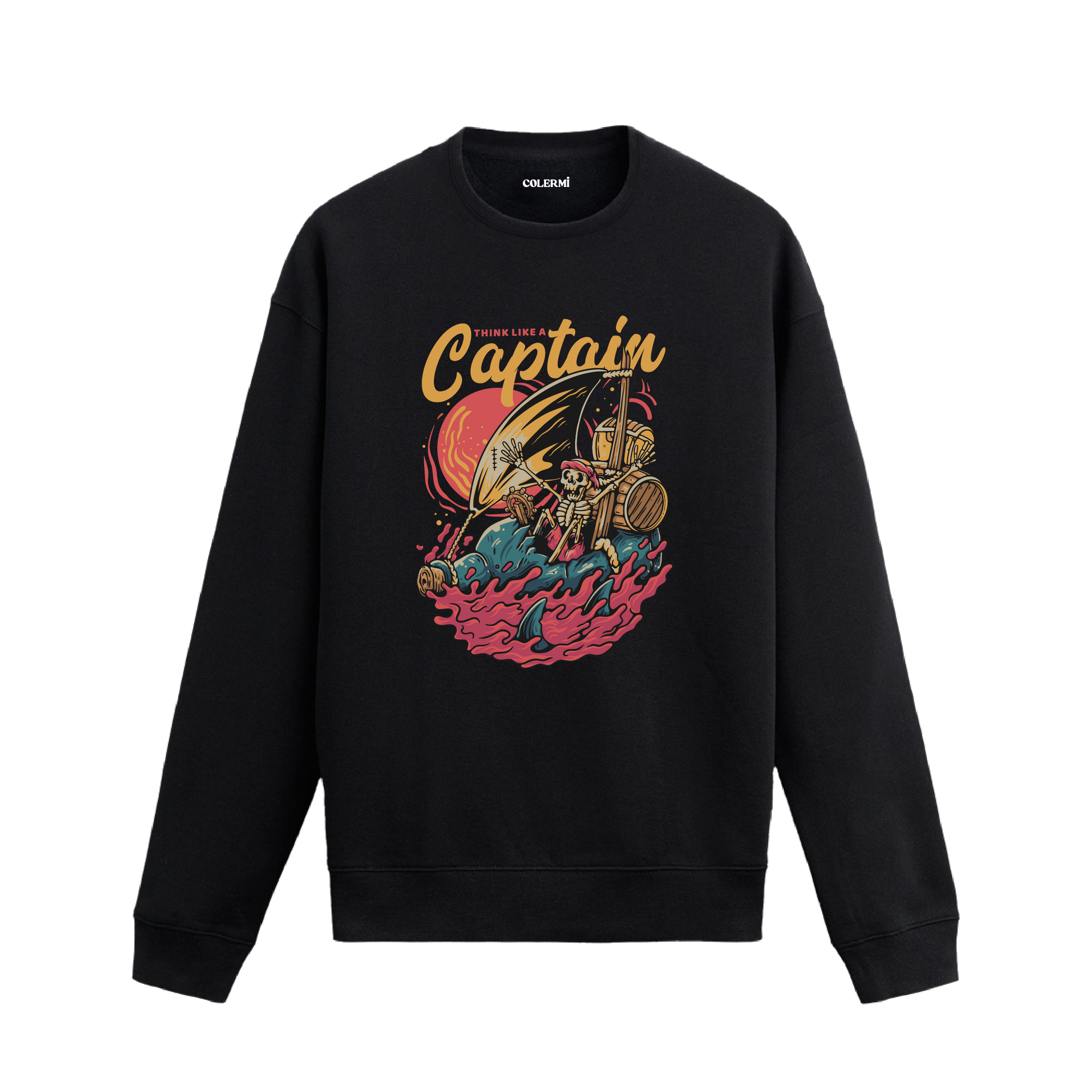 Retro korsan kaptan ve gemi baskılı sweatshirt, “Kaptan Gibi Düşün” yazılı.