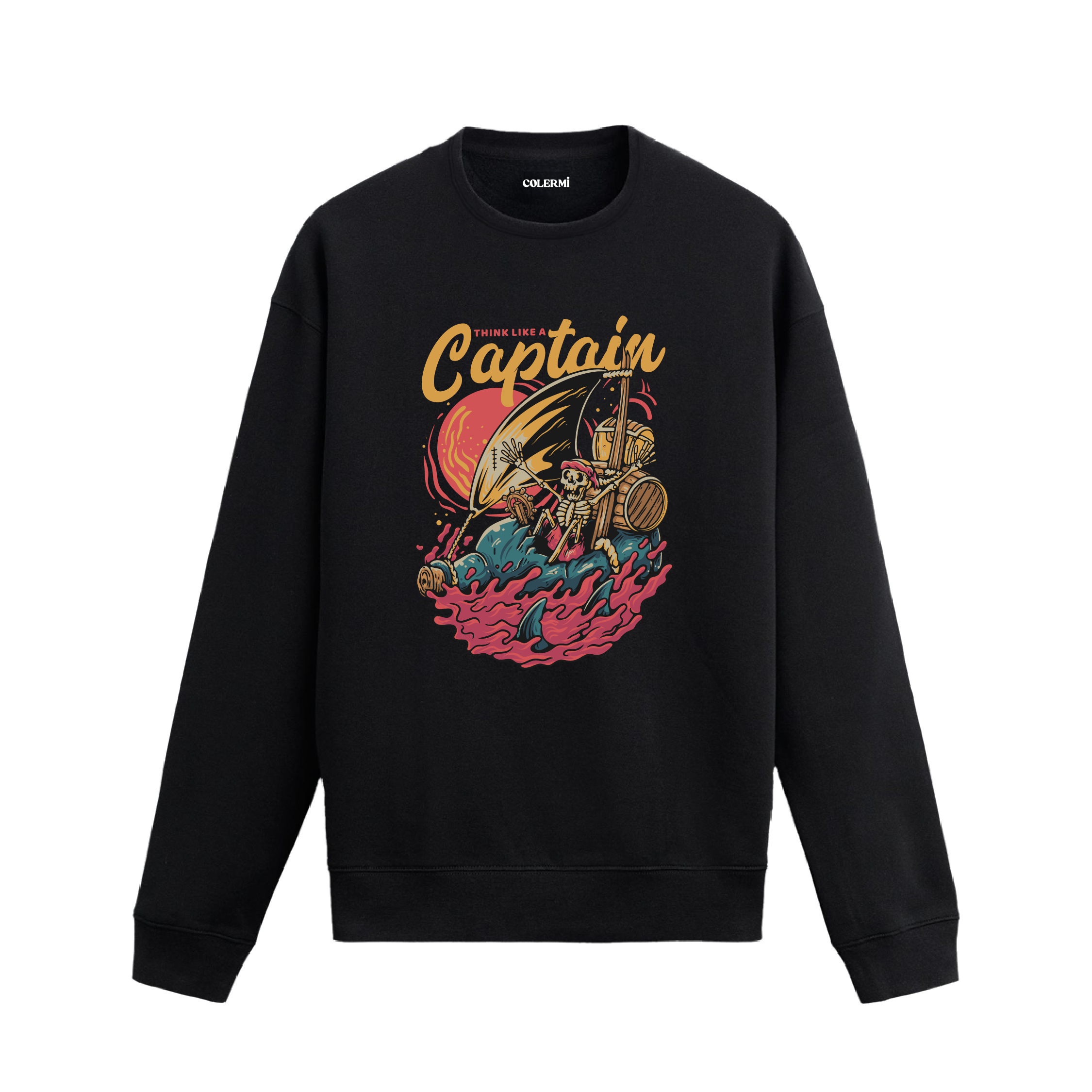 Retro korsan kaptan ve gemi baskılı sweatshirt, “Kaptan Gibi Düşün” yazılı.