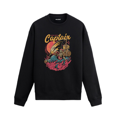 Retro korsan kaptan ve gemi baskılı sweatshirt, “Kaptan Gibi Düşün” yazılı.