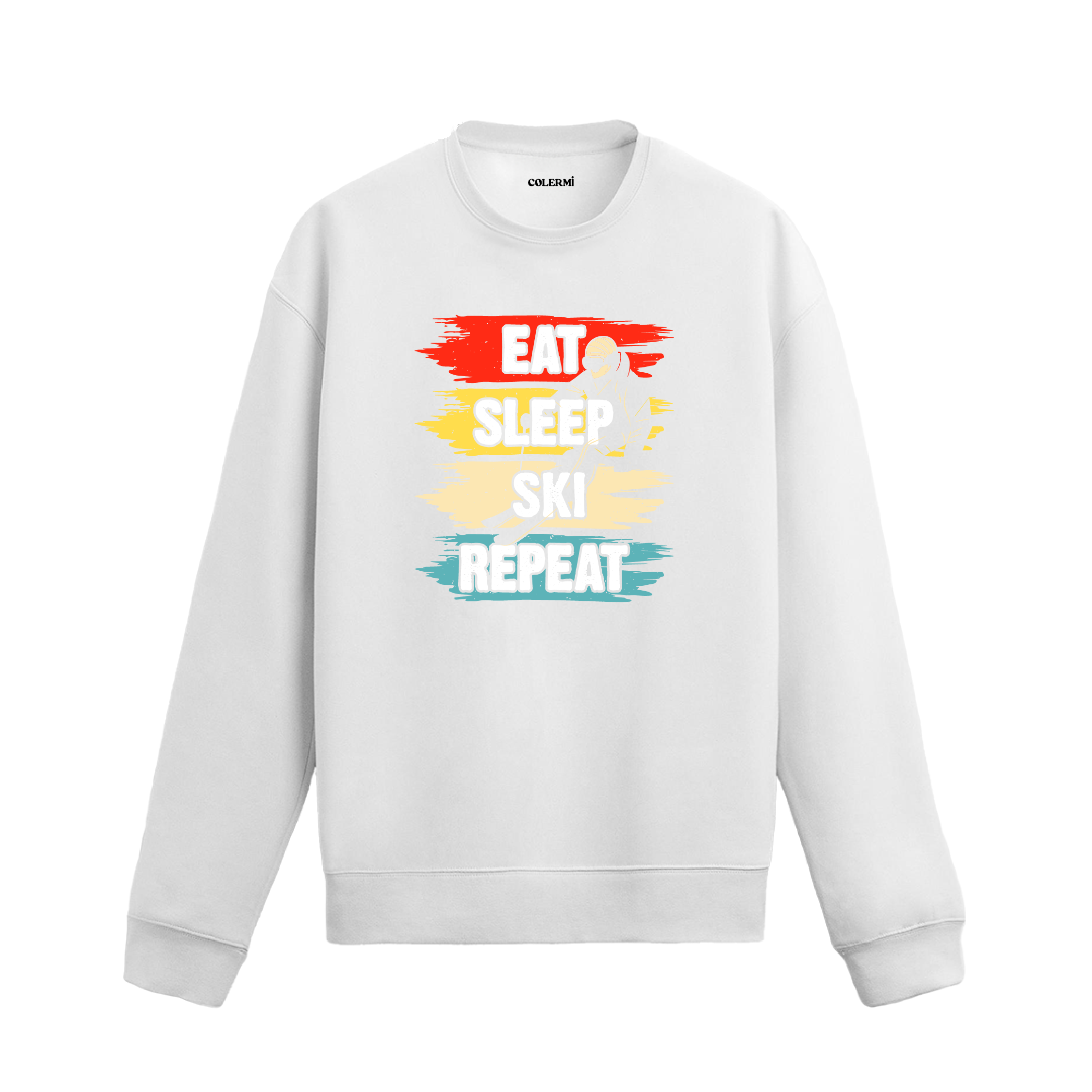 Kayak temalı retro sweatshirt, üzerinde “Ye, Uyu, Kay, Tekrarla” yazısı ve kayak yapan figür baskısı bulunan tasarım.