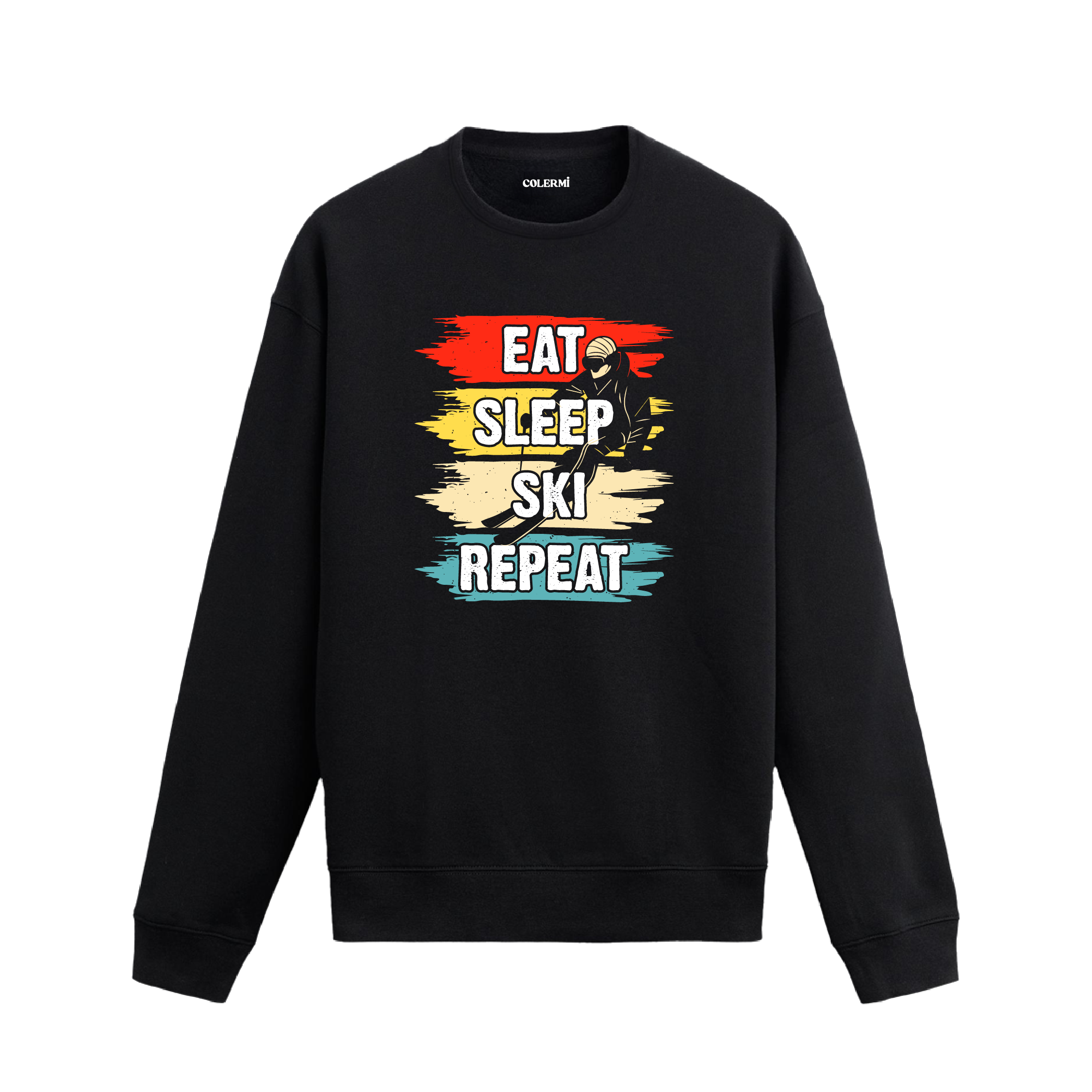 Kayak temalı retro sweatshirt, üzerinde “Ye, Uyu, Kay, Tekrarla” yazısı ve kayak yapan figür baskısı bulunan tasarım.