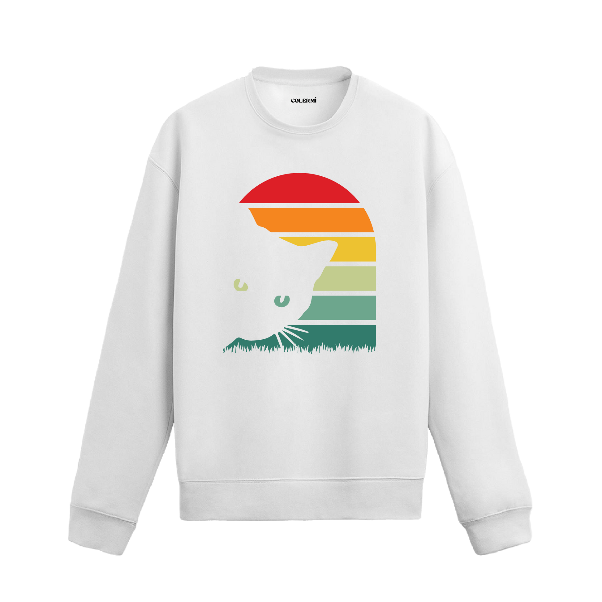 Retro gün batımı kedi baskılı siyah sweatshirt.