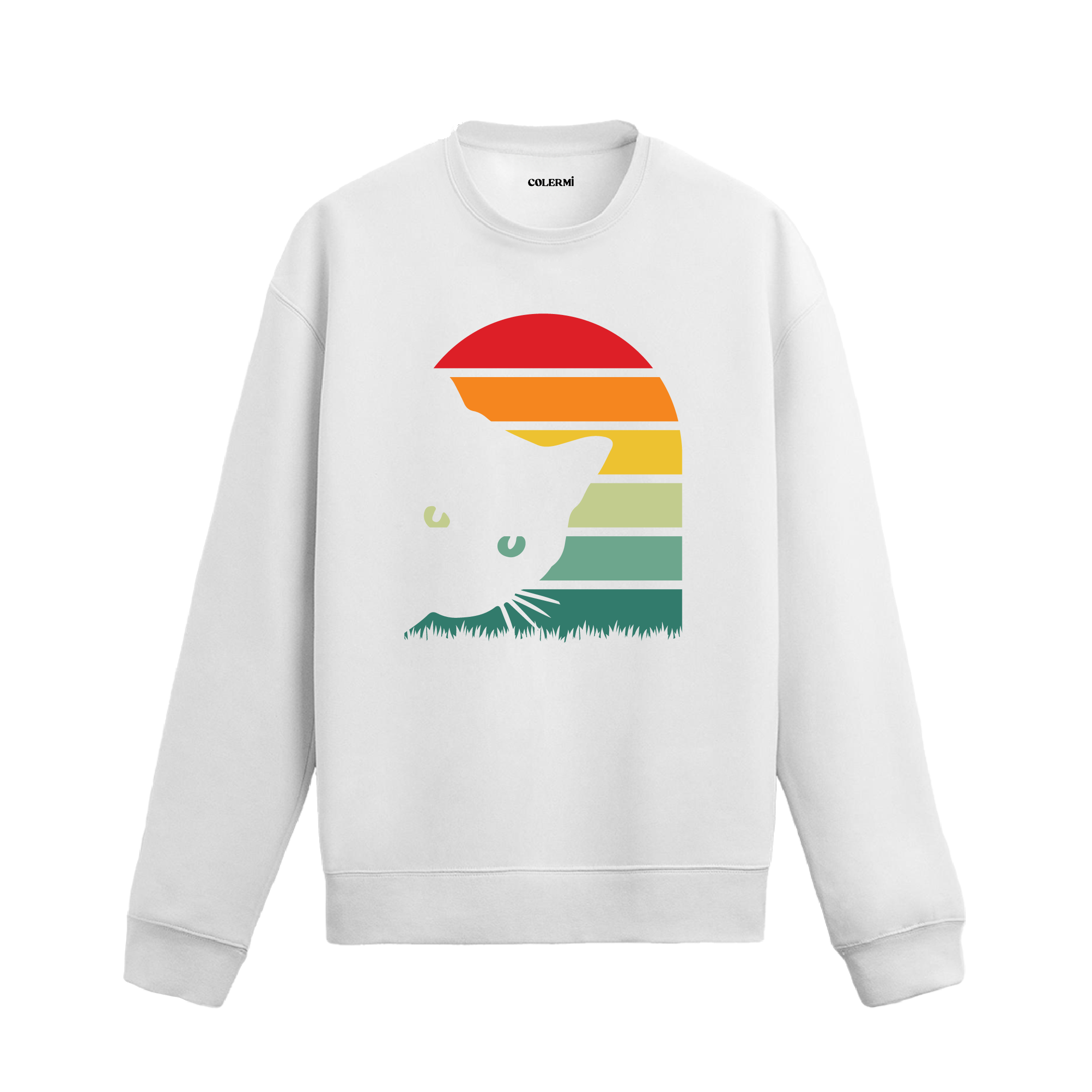 Retro gün batımı kedi baskılı siyah sweatshirt.