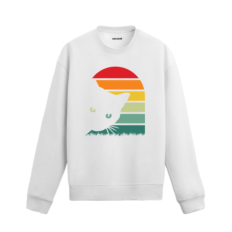Retro gün batımı kedi baskılı siyah sweatshirt.