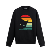 Retro gün batımı kedi baskılı siyah sweatshirt.
