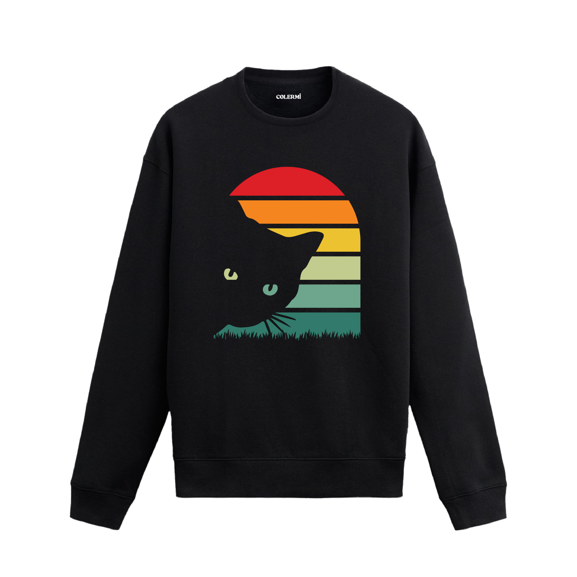 Retro gün batımı kedi baskılı siyah sweatshirt.
