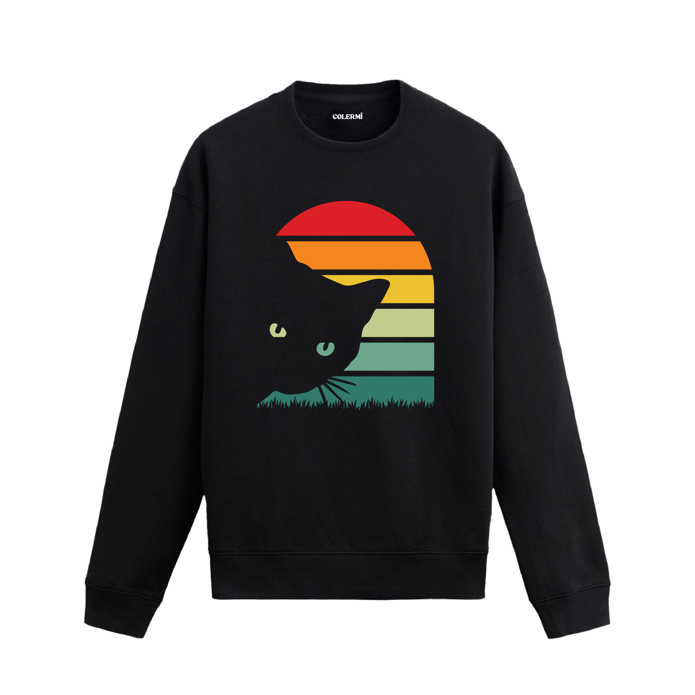 Retro gün batımı kedi baskılı siyah sweatshirt.