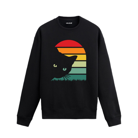 Retro gün batımı kedi baskılı siyah sweatshirt.