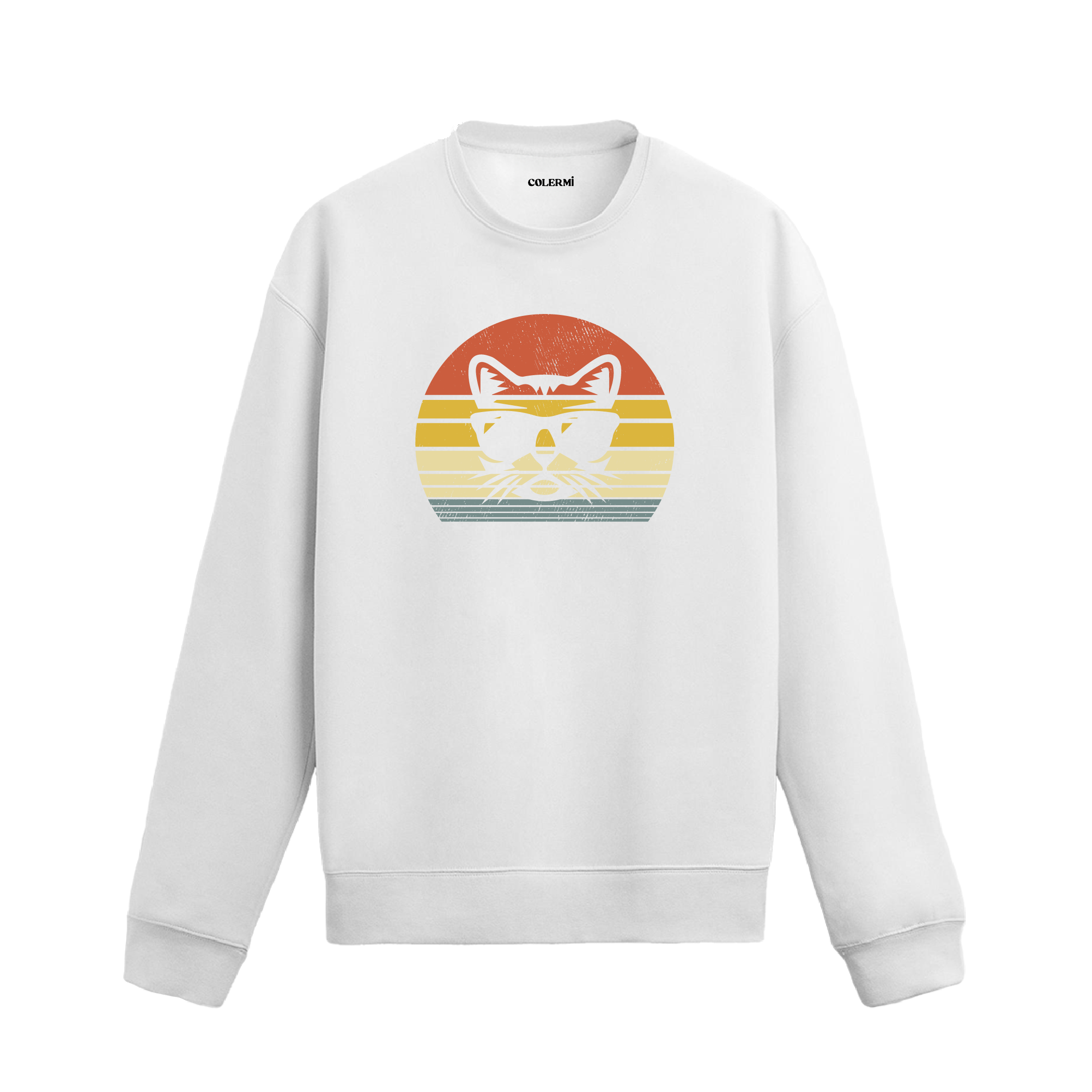 beyaz sweatshirt üzerinde retro gün batımı fonunda güneş gözlüklü kedi baskısı