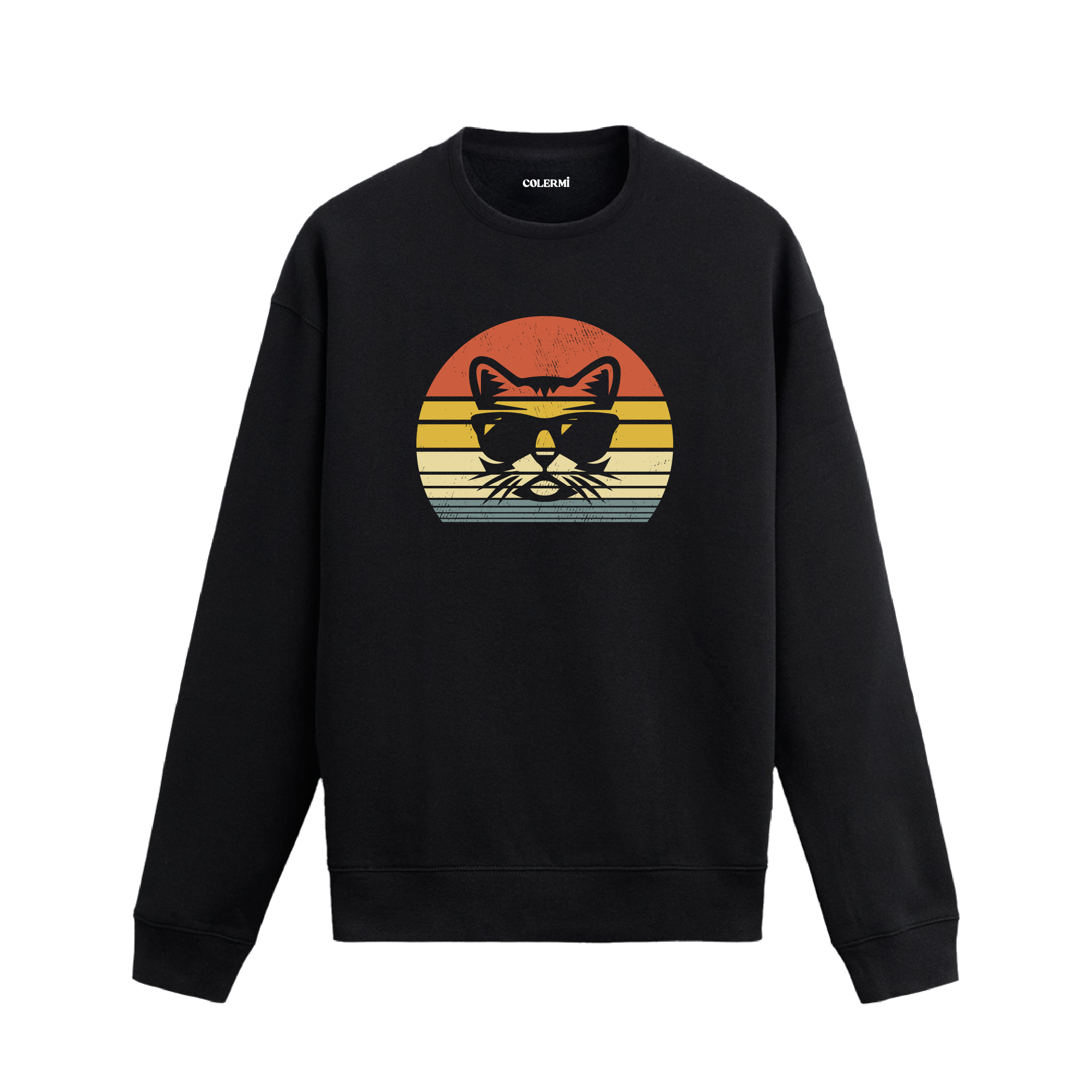 Siyah sweatshirt üzerinde retro gün batımı fonunda güneş gözlüklü kedi baskısı