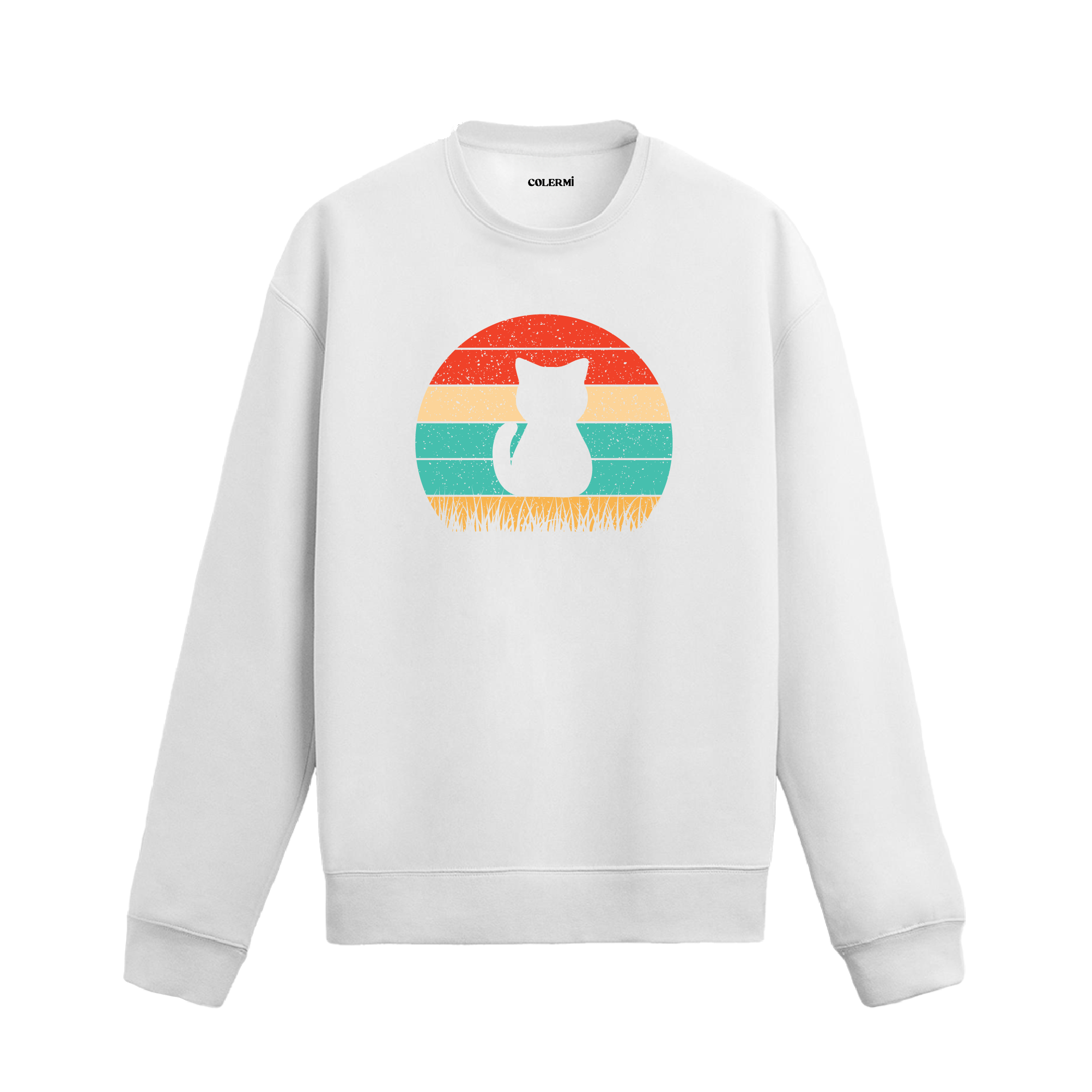 beyaz sweatshirt üzerinde retro güneş arka planında kedi silüet baskısı