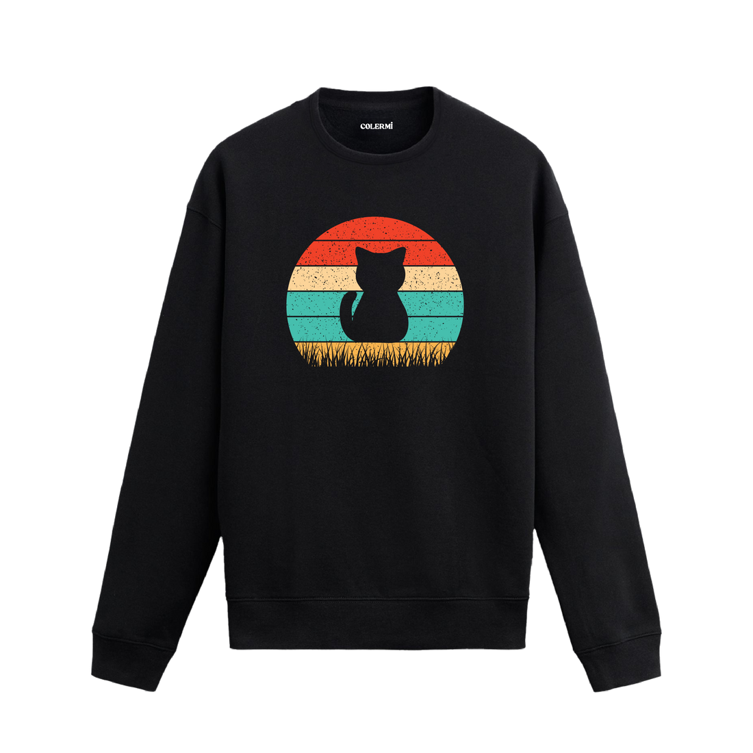 Siyah sweatshirt üzerinde retro güneş arka planında kedi silüet baskısı
